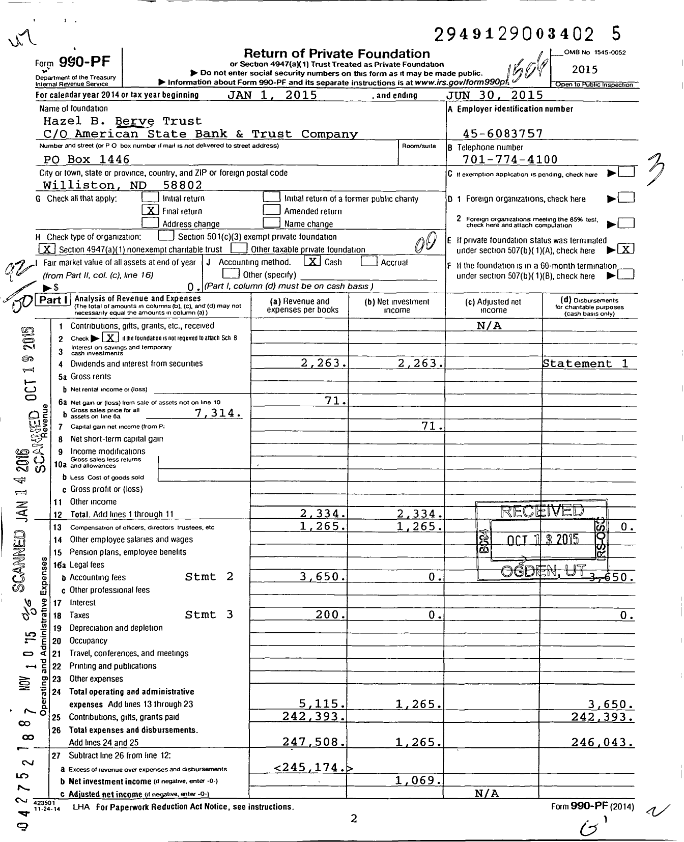 Image of first page of 2014 Form 990PF for Hazel B Berve Trust