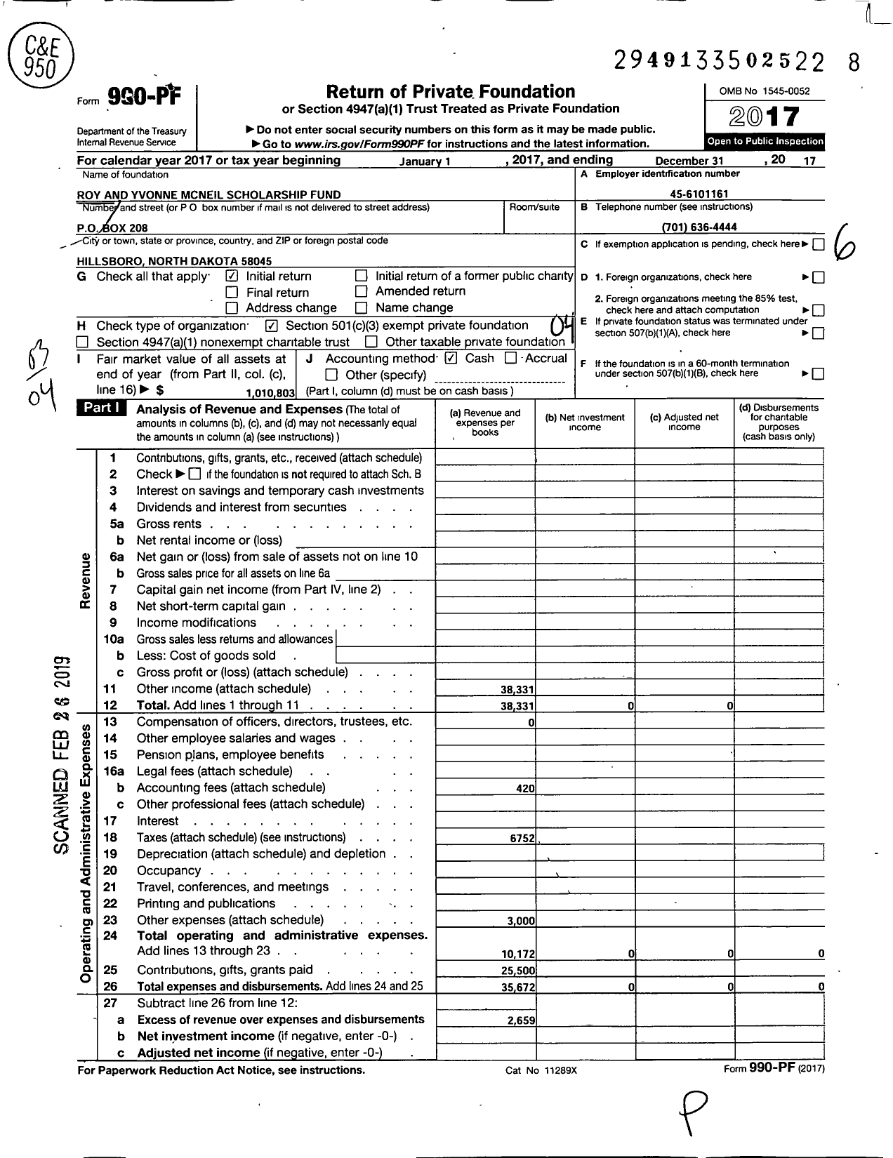 Image of first page of 2017 Form 990PF for Roy and Yvonne Mcneil Scholarship Fund