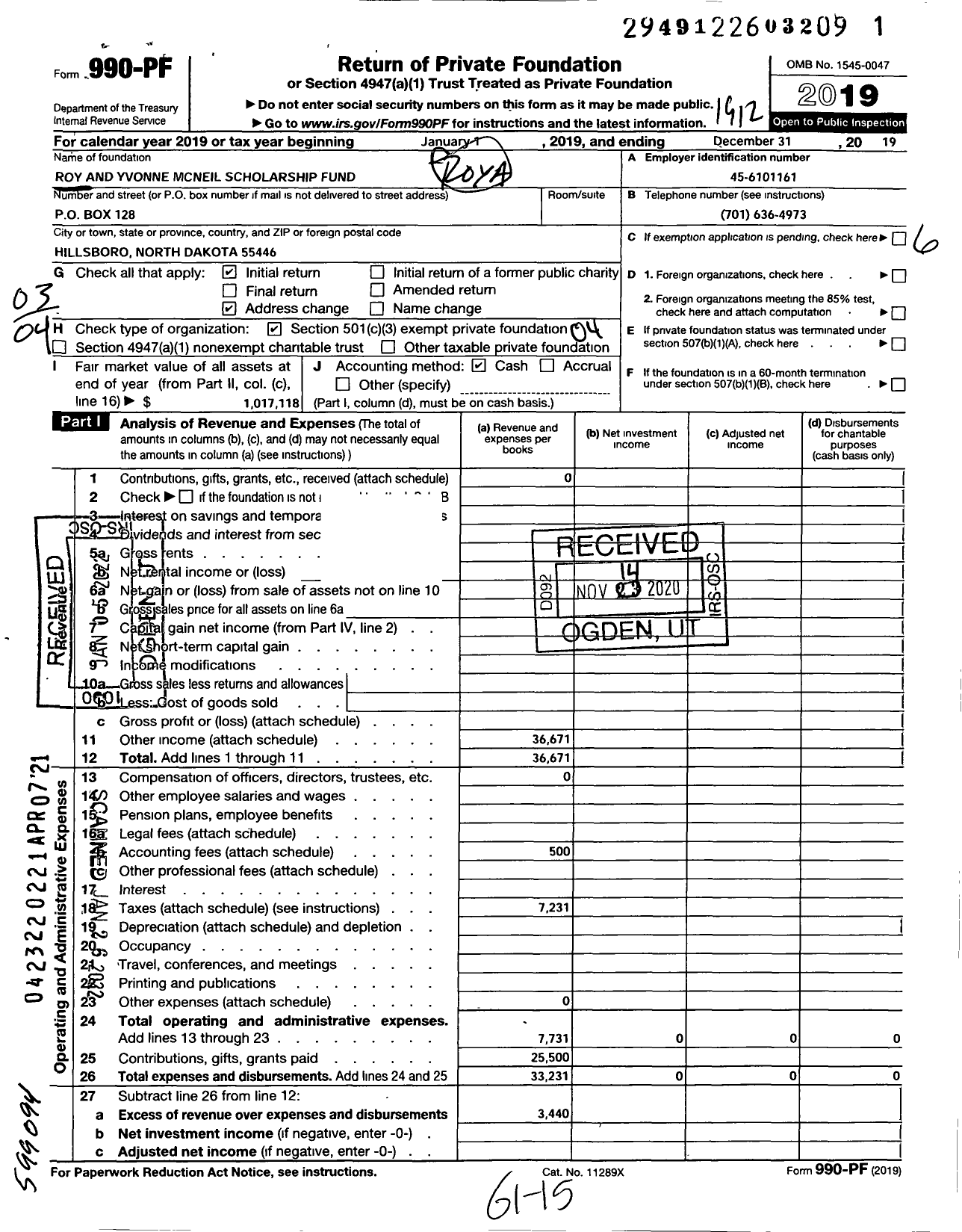 Image of first page of 2019 Form 990PF for Roy and Yvonne Mcneil Scholarship Fund