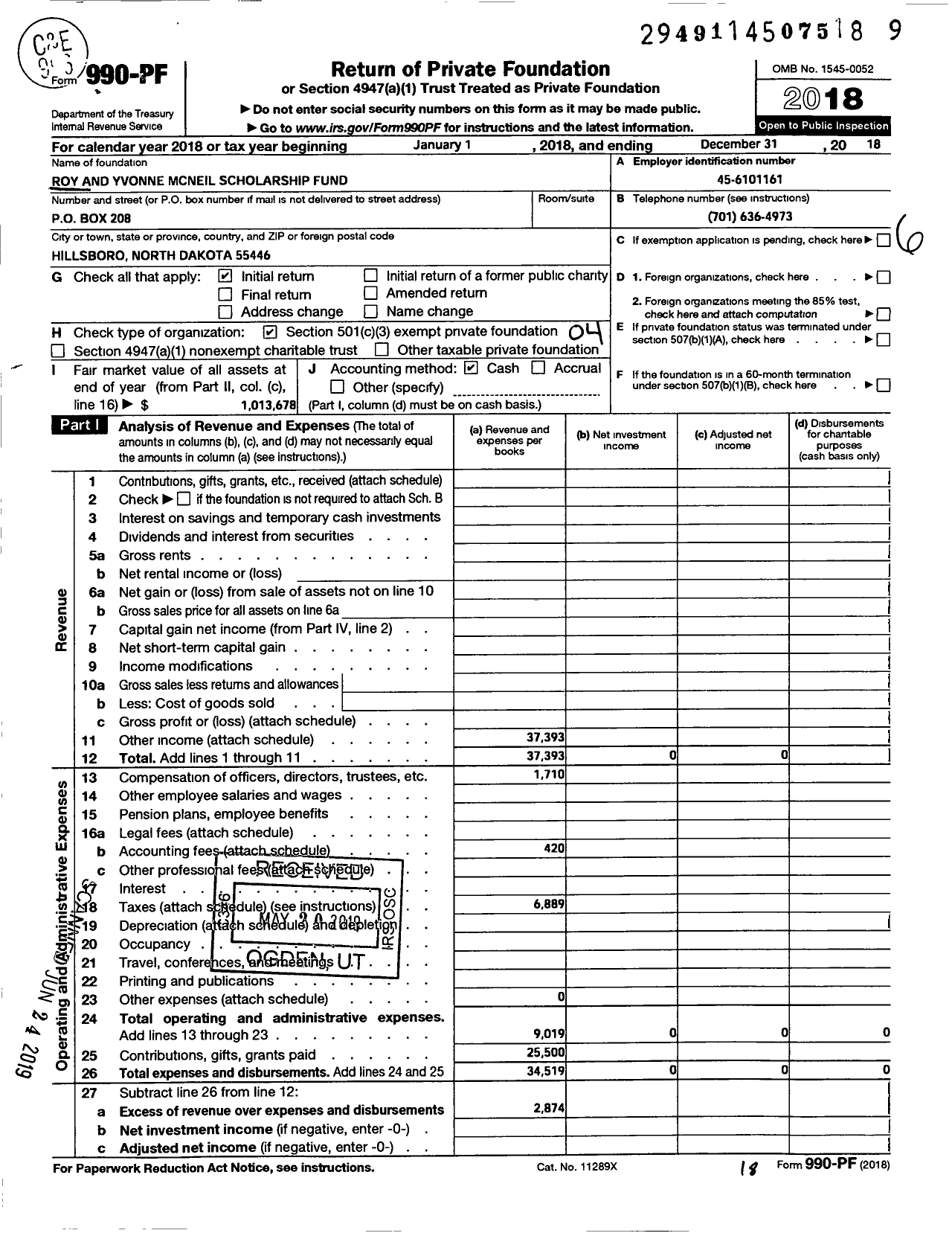 Image of first page of 2018 Form 990PF for Roy and Yvonne Mcneil Scholarship Fund