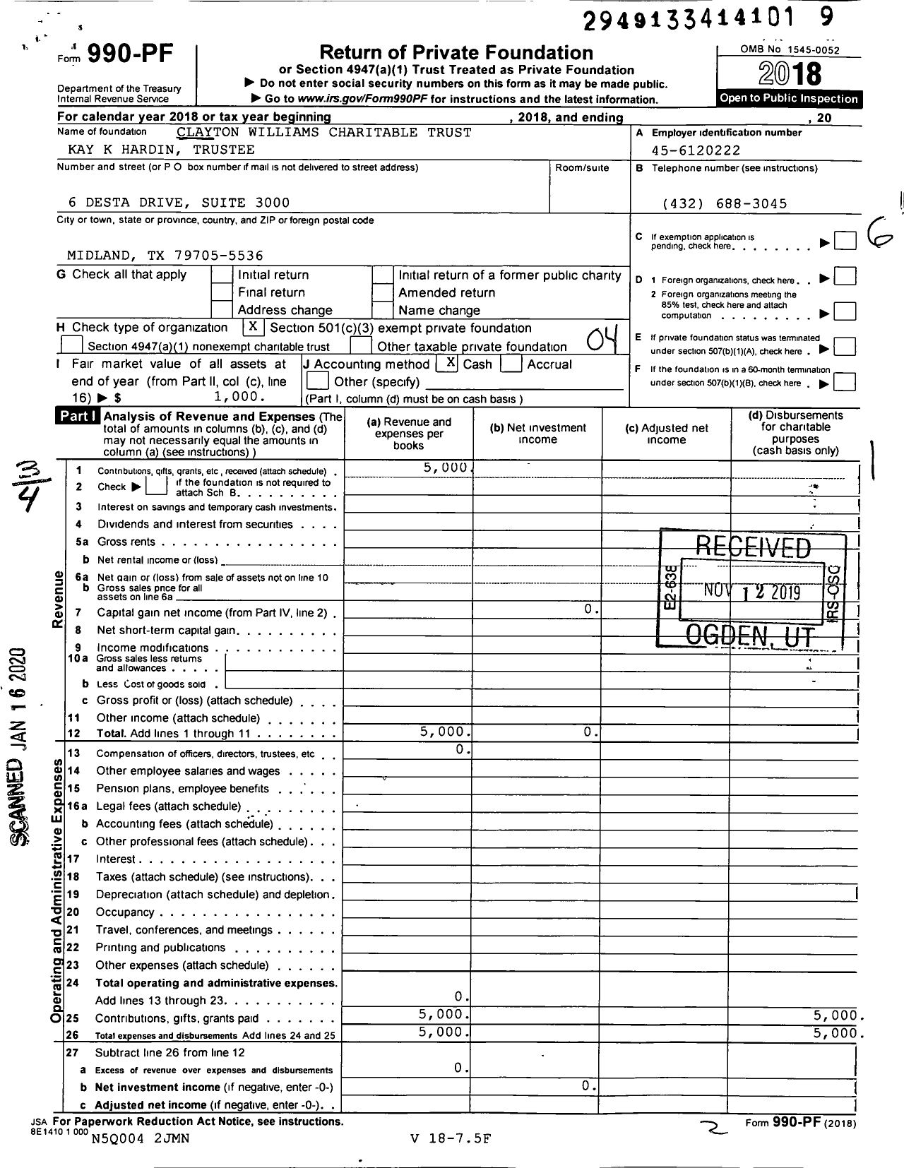 Image of first page of 2018 Form 990PF for Clayton Williams Charitable Trust Kay K Hardin Trustee