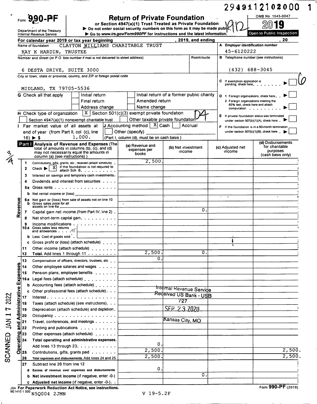 Image of first page of 2019 Form 990PF for Clayton Williams Charitable Trust Kay K Hardin Trustee