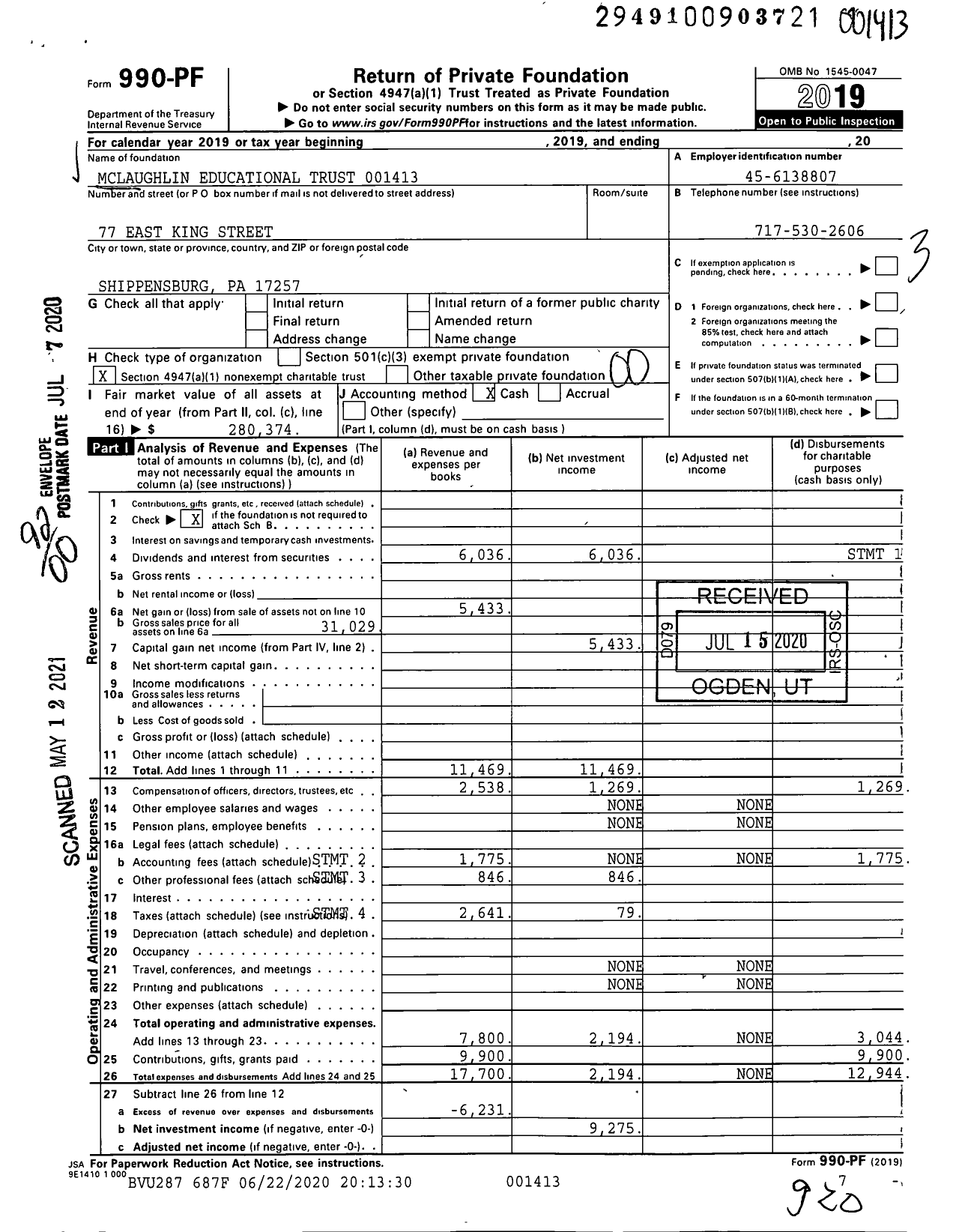 Image of first page of 2019 Form 990PF for Mclaughlin Educational Trust 001413