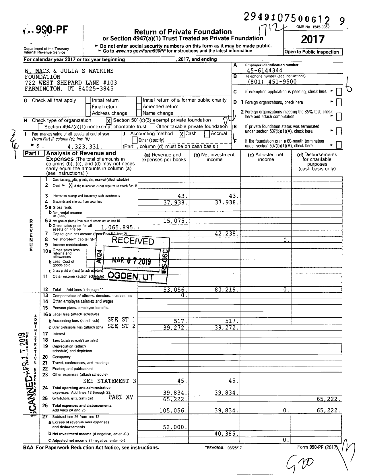 Image of first page of 2017 Form 990PF for W Mack and Julia S Watkins Foundation