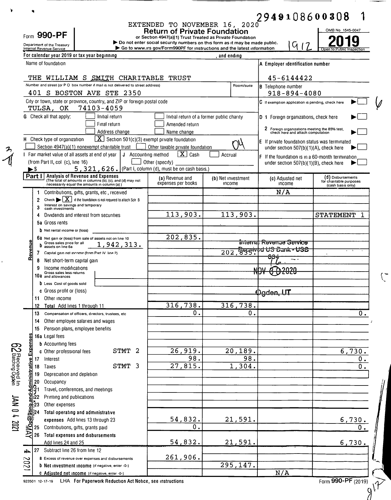 Image of first page of 2019 Form 990PF for The William S Smith Charitable Trust