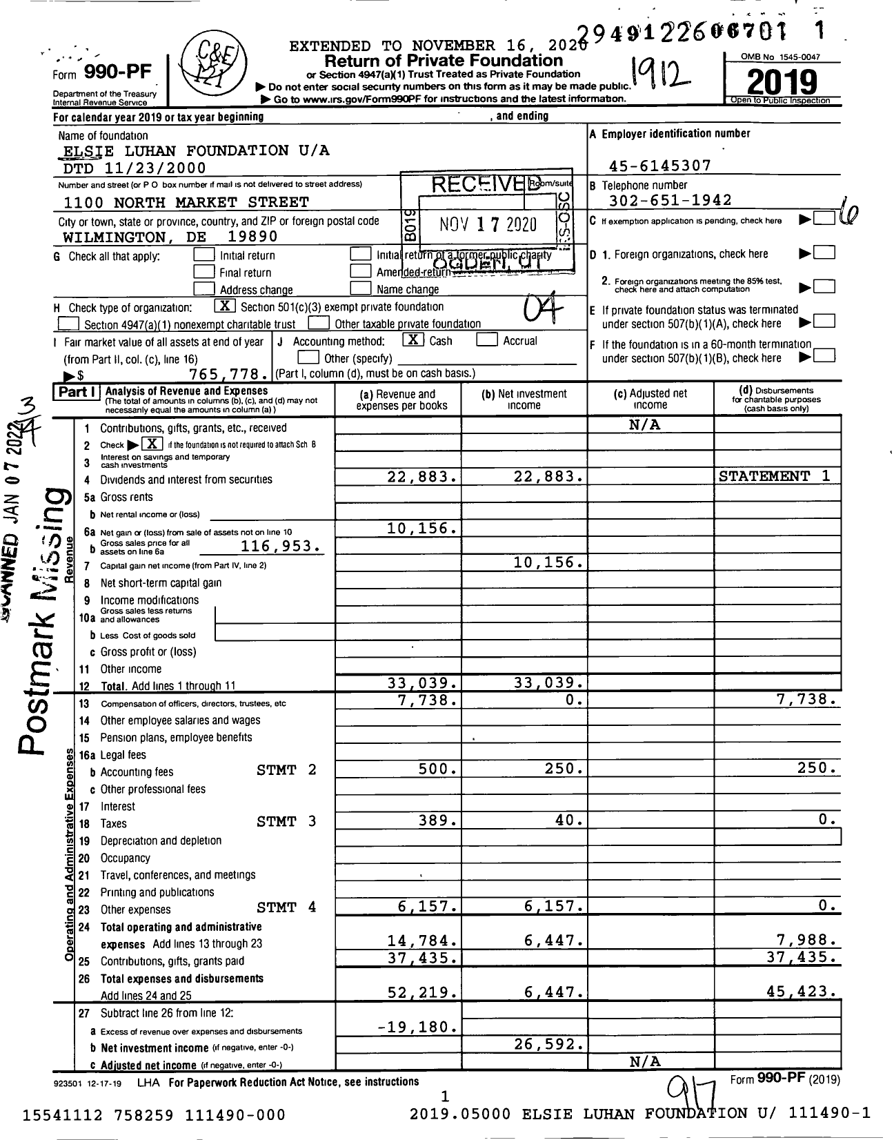 Image of first page of 2019 Form 990PF for Elsie Luhan Foundation