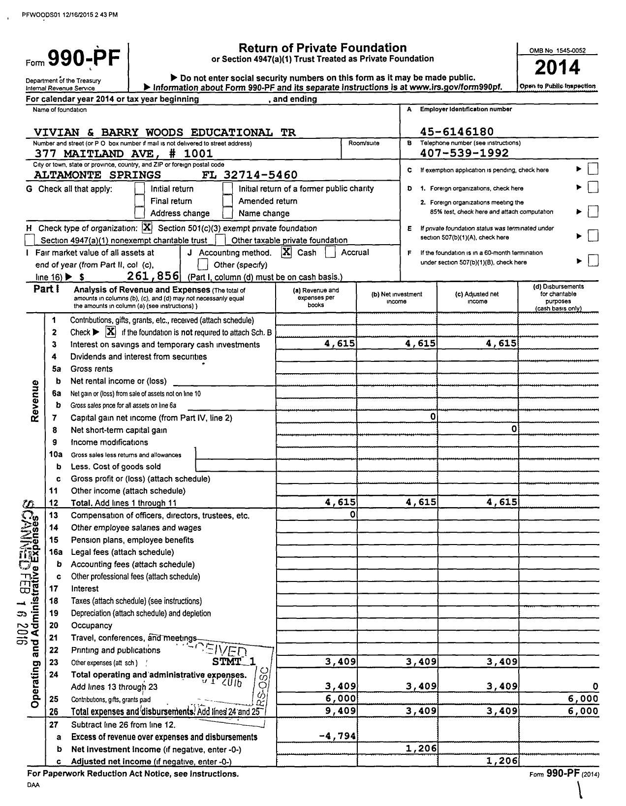 Image of first page of 2014 Form 990PF for Vivian and Barry Woods Educational Trust