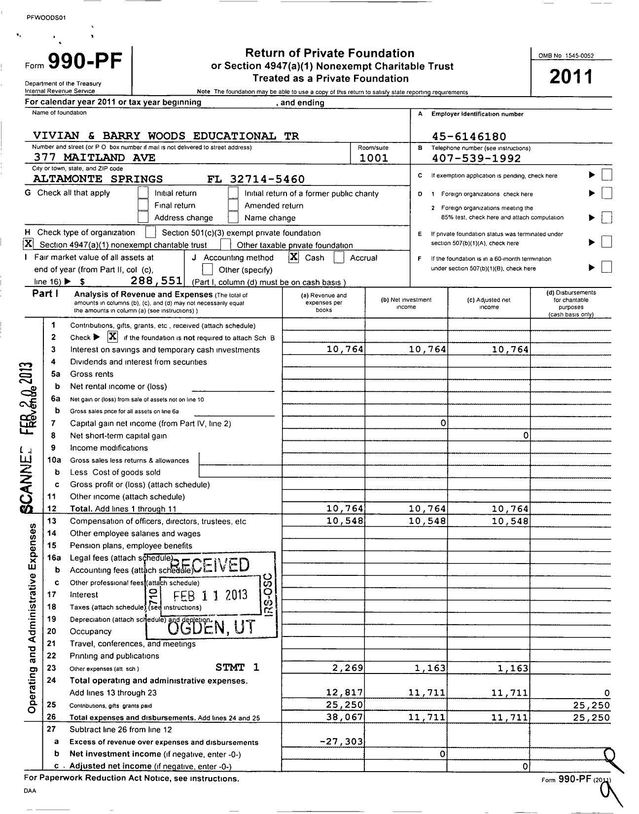 Image of first page of 2011 Form 990PF for Vivian and Barry Woods Educational Trust