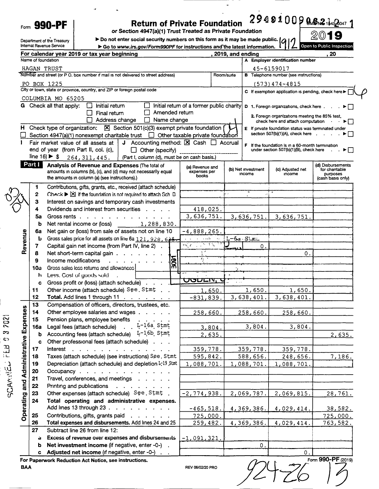 Image of first page of 2019 Form 990PF for Hagan Trust