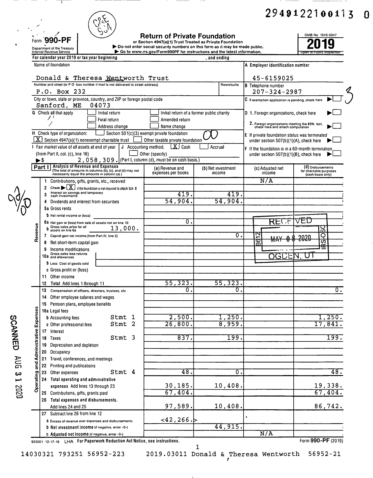 Image of first page of 2019 Form 990PR for Donald & Theresa Wentworth Trust