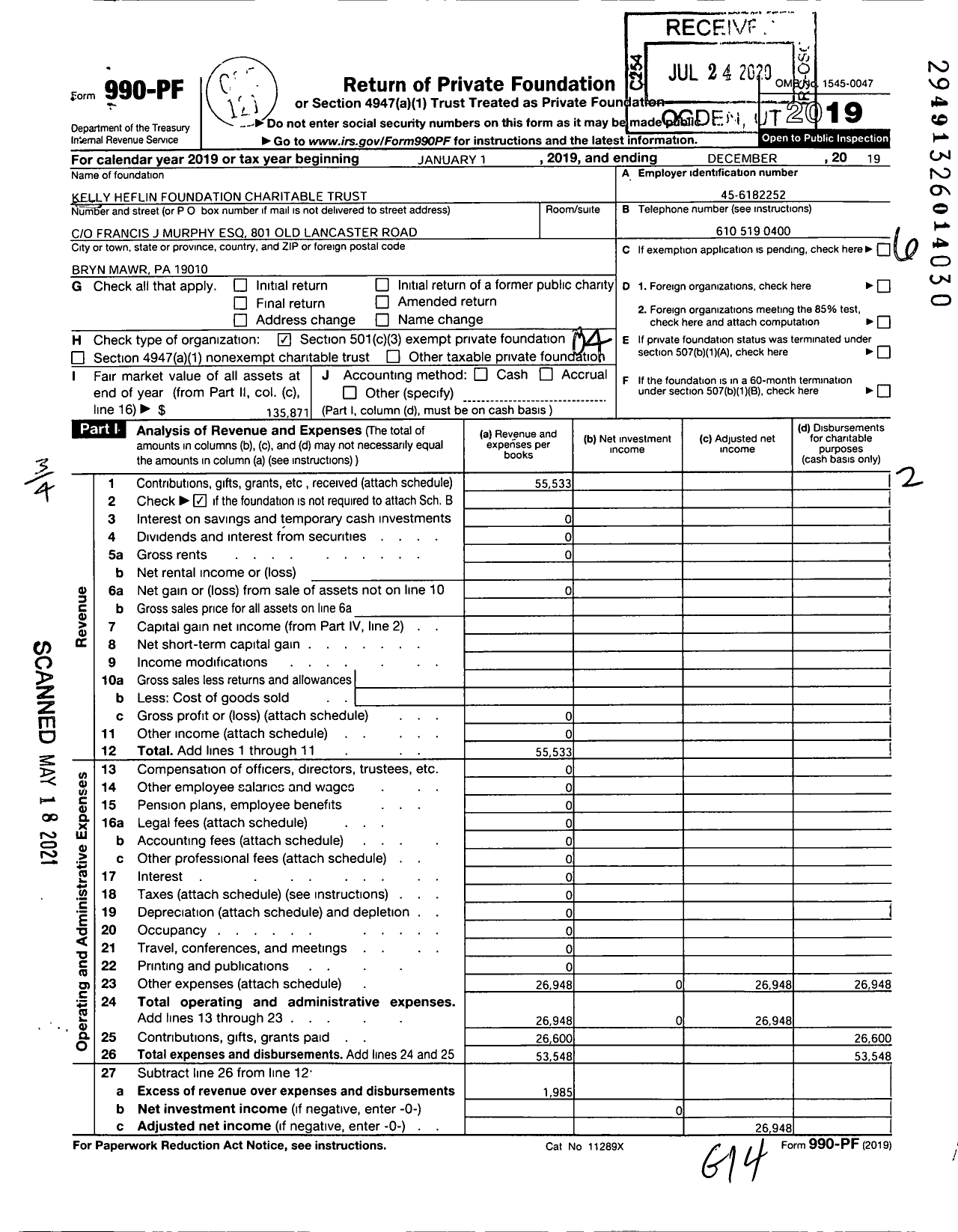 Image of first page of 2019 Form 990PF for Kelly Heflin Foundation Charitable Trust