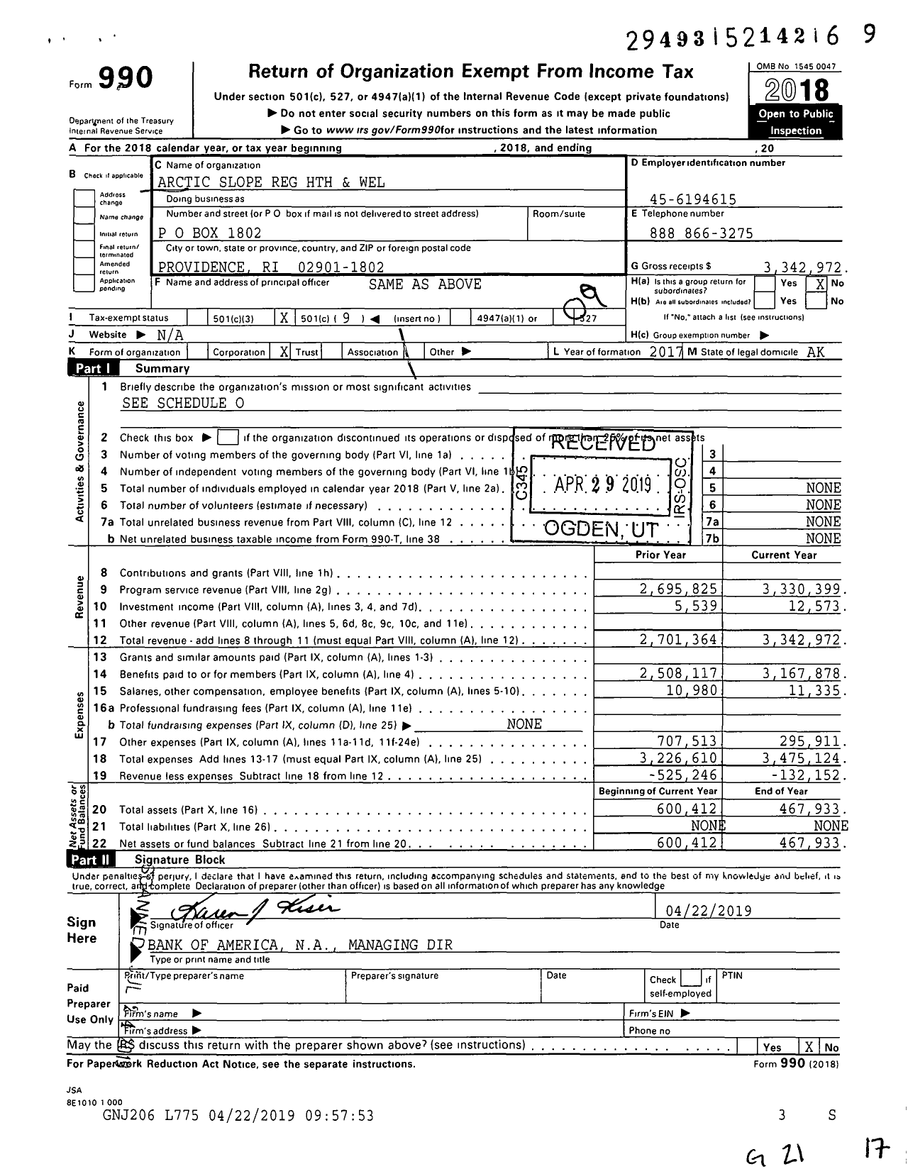 Image of first page of 2018 Form 990O for Arctic Slope Regional Corporation