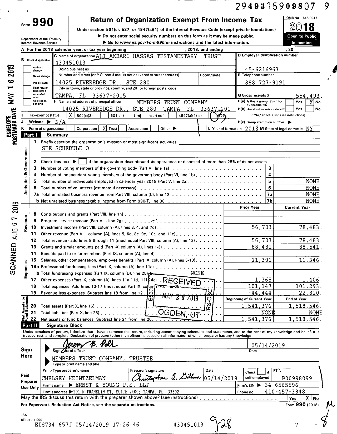 Image of first page of 2018 Form 990 for Ali Akbari Hassas Testamentary Trust