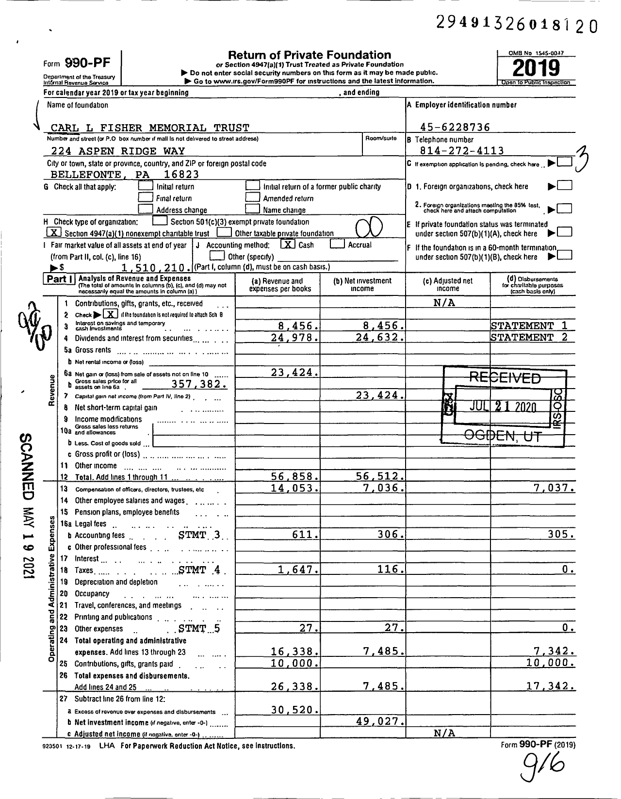 Image of first page of 2019 Form 990PF for Carl L Fisher Memorial Trust