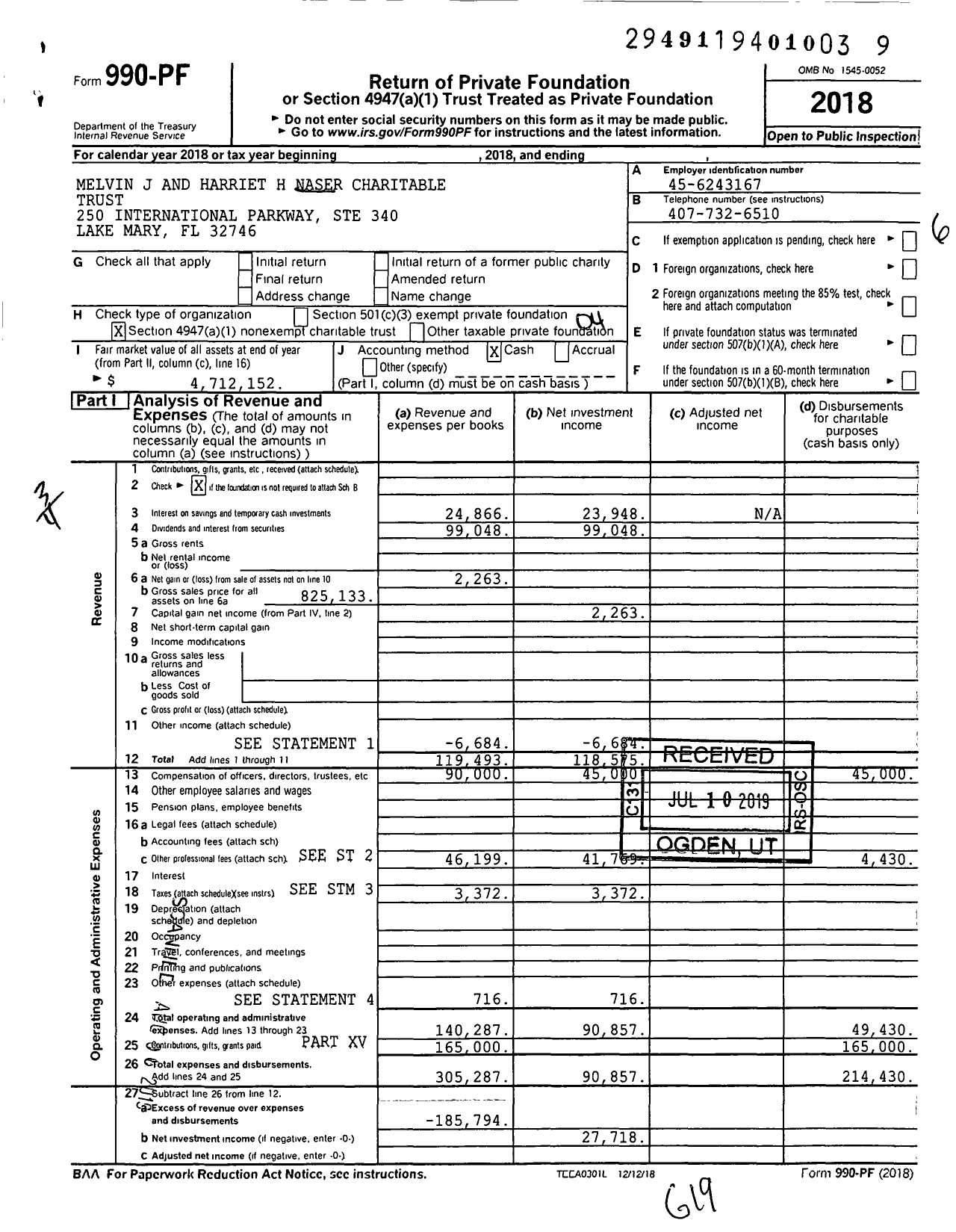 Image of first page of 2018 Form 990PF for Melvin J and Harriet H Naser Charitable Trust