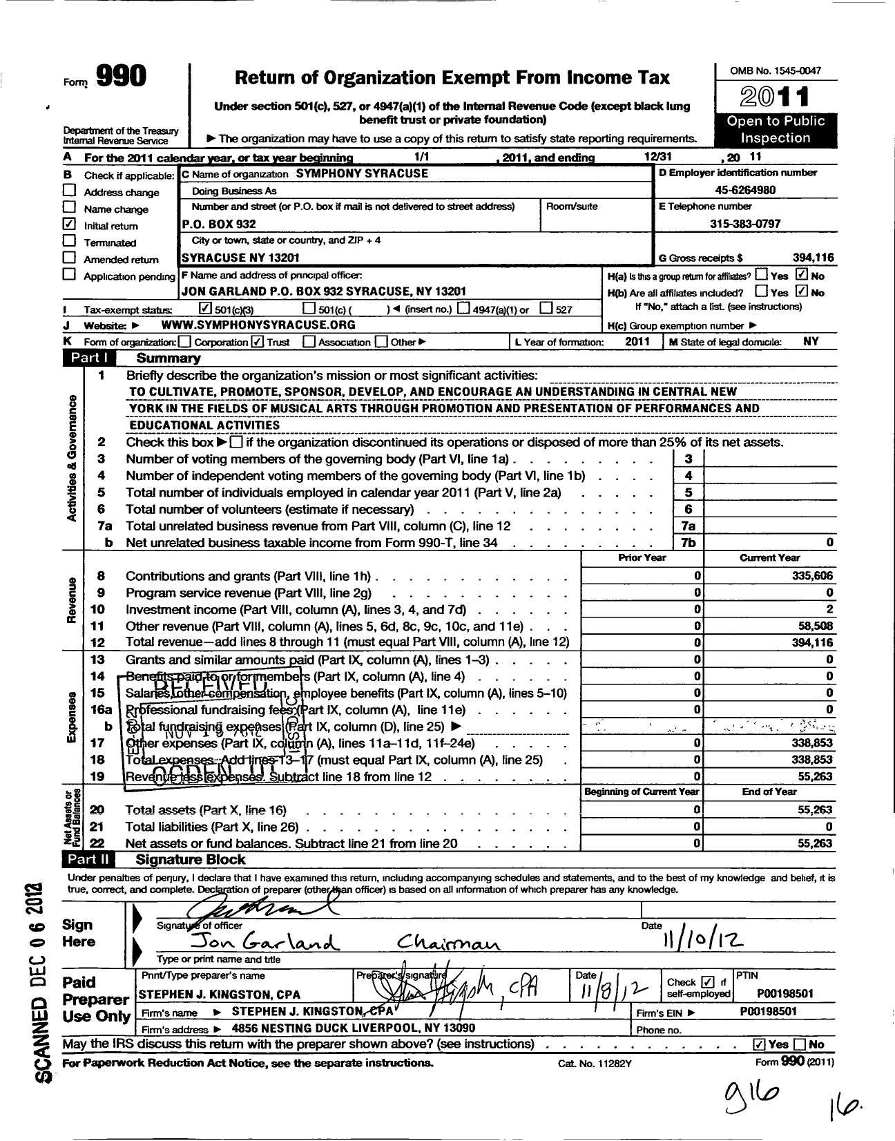 Image of first page of 2011 Form 990 for Symphony Syracuse