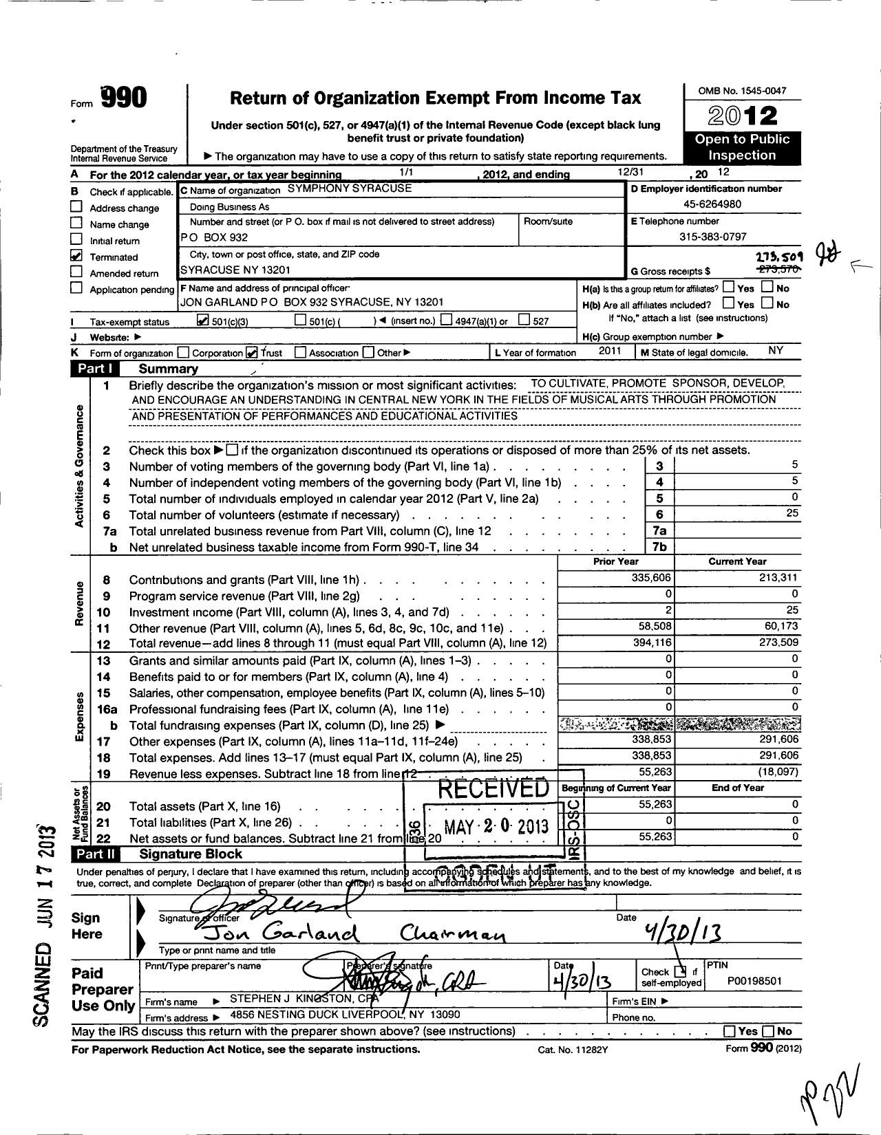 Image of first page of 2012 Form 990 for Symphony Syracuse