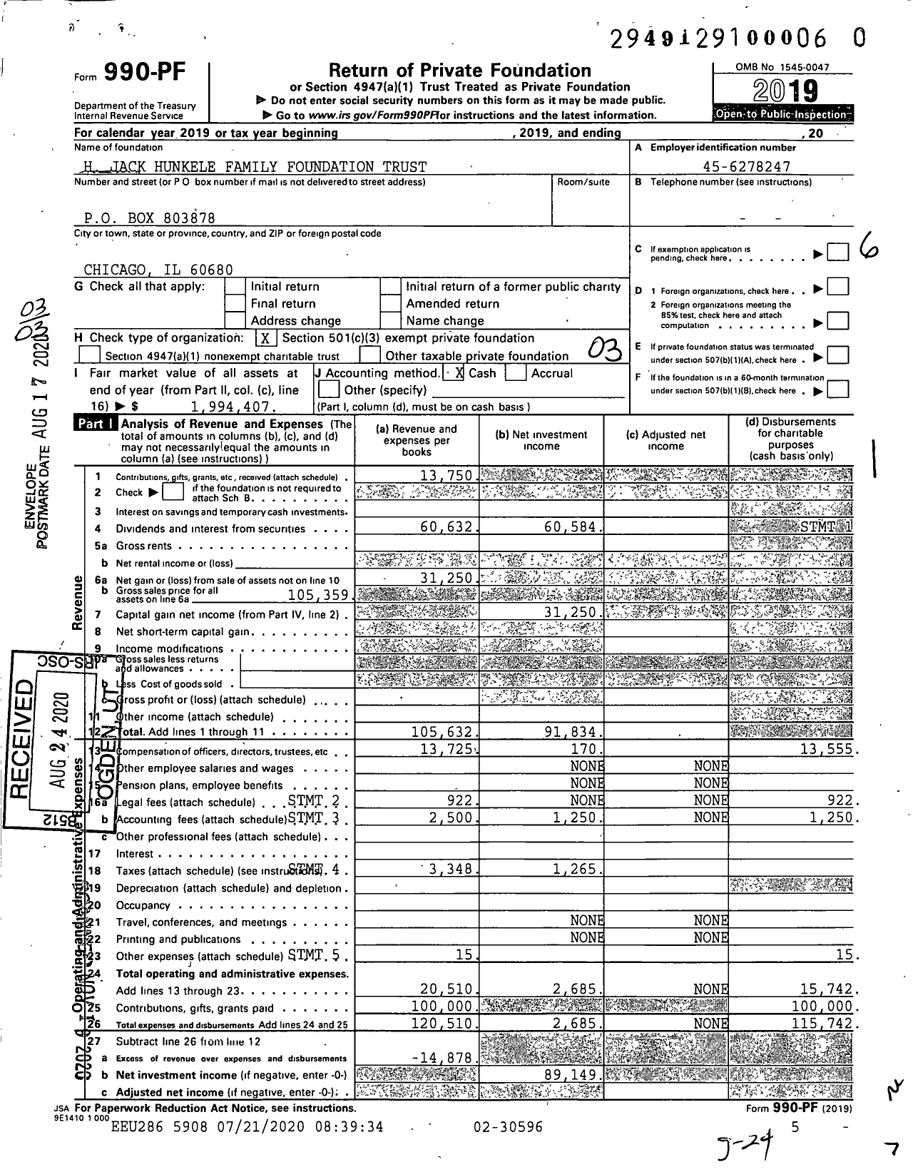 Image of first page of 2019 Form 990PF for H Jack Hunkele Family Foundation Trust