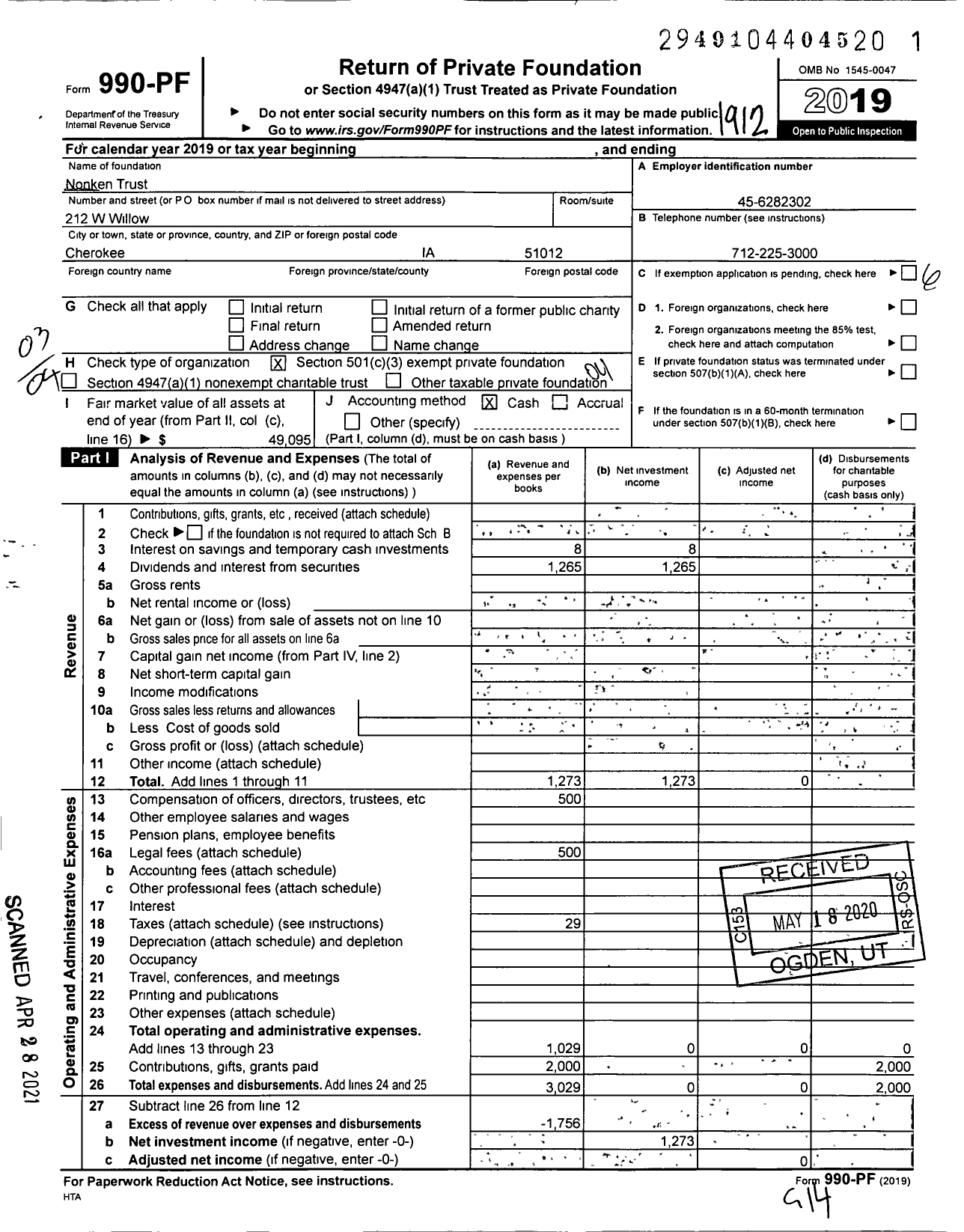 Image of first page of 2019 Form 990PF for Nonken Trust