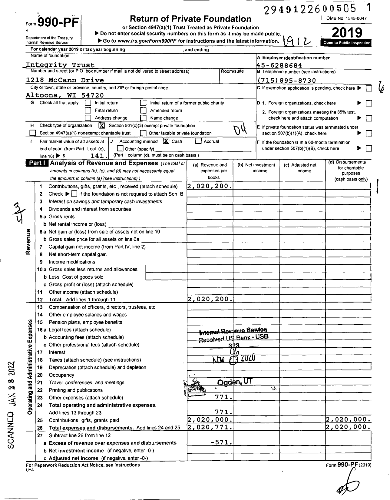 Image of first page of 2019 Form 990PF for Integrity Trust