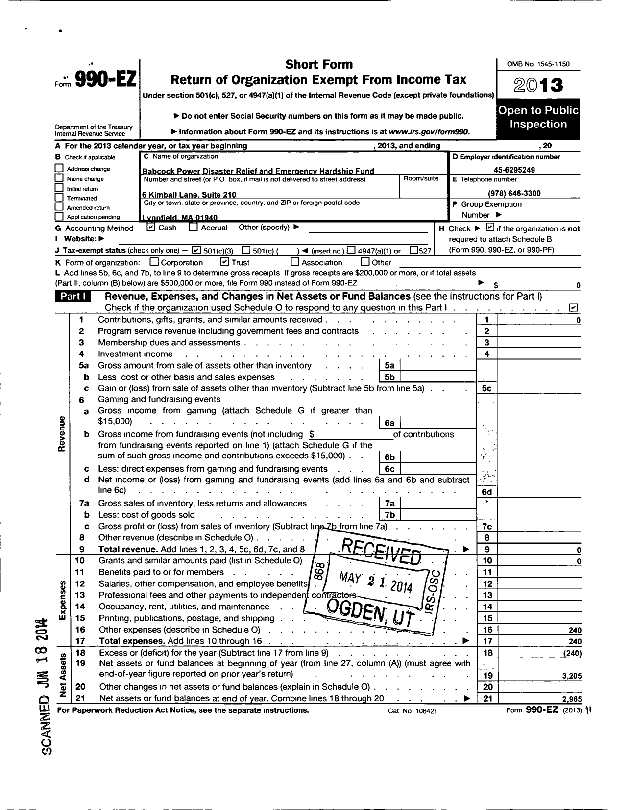 Image of first page of 2013 Form 990EZ for Babcock Power Disaster Relief and Emergency Hardship Fund