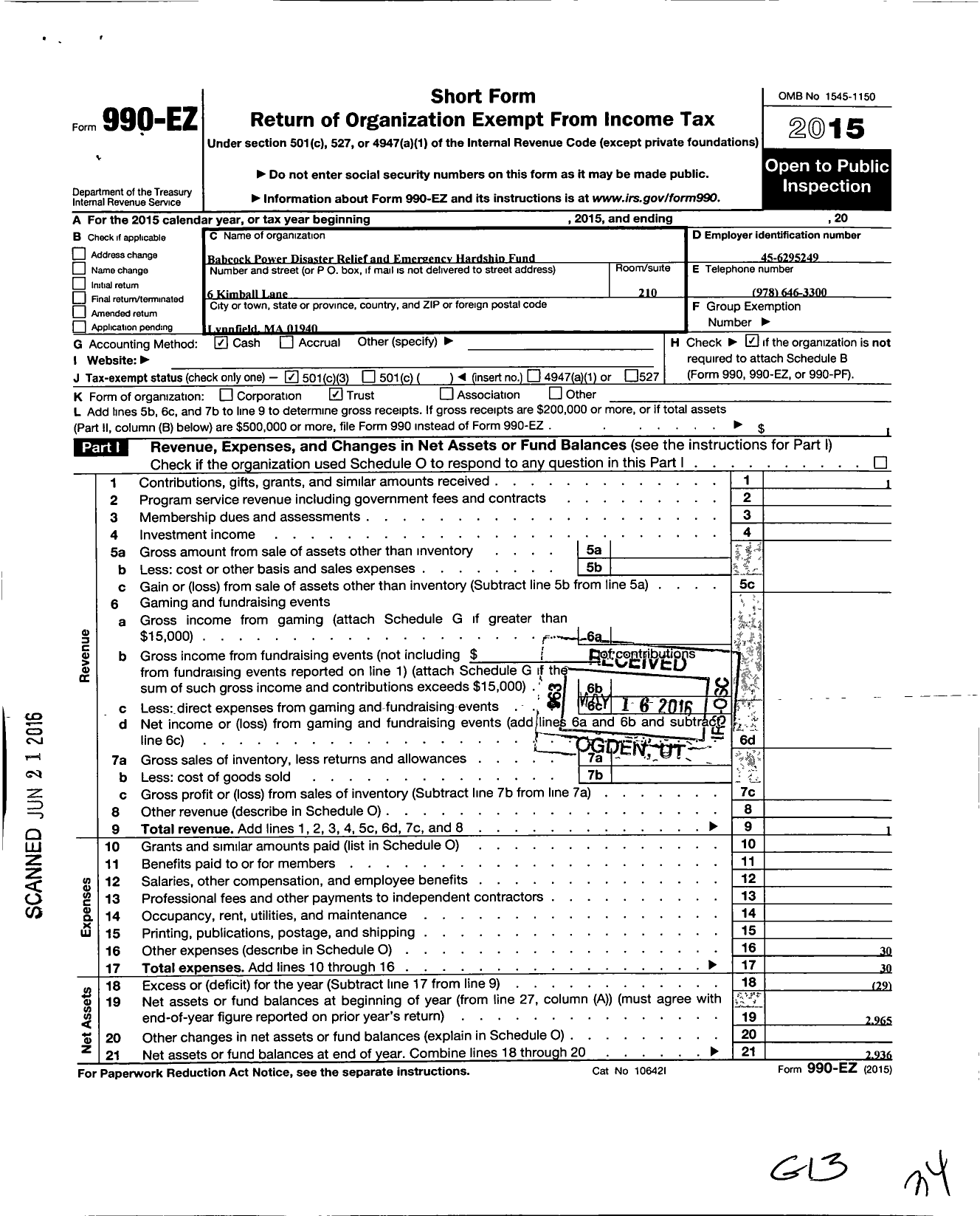 Image of first page of 2015 Form 990EZ for Babcock Power Disaster Relief and Emergency Hardship Fund