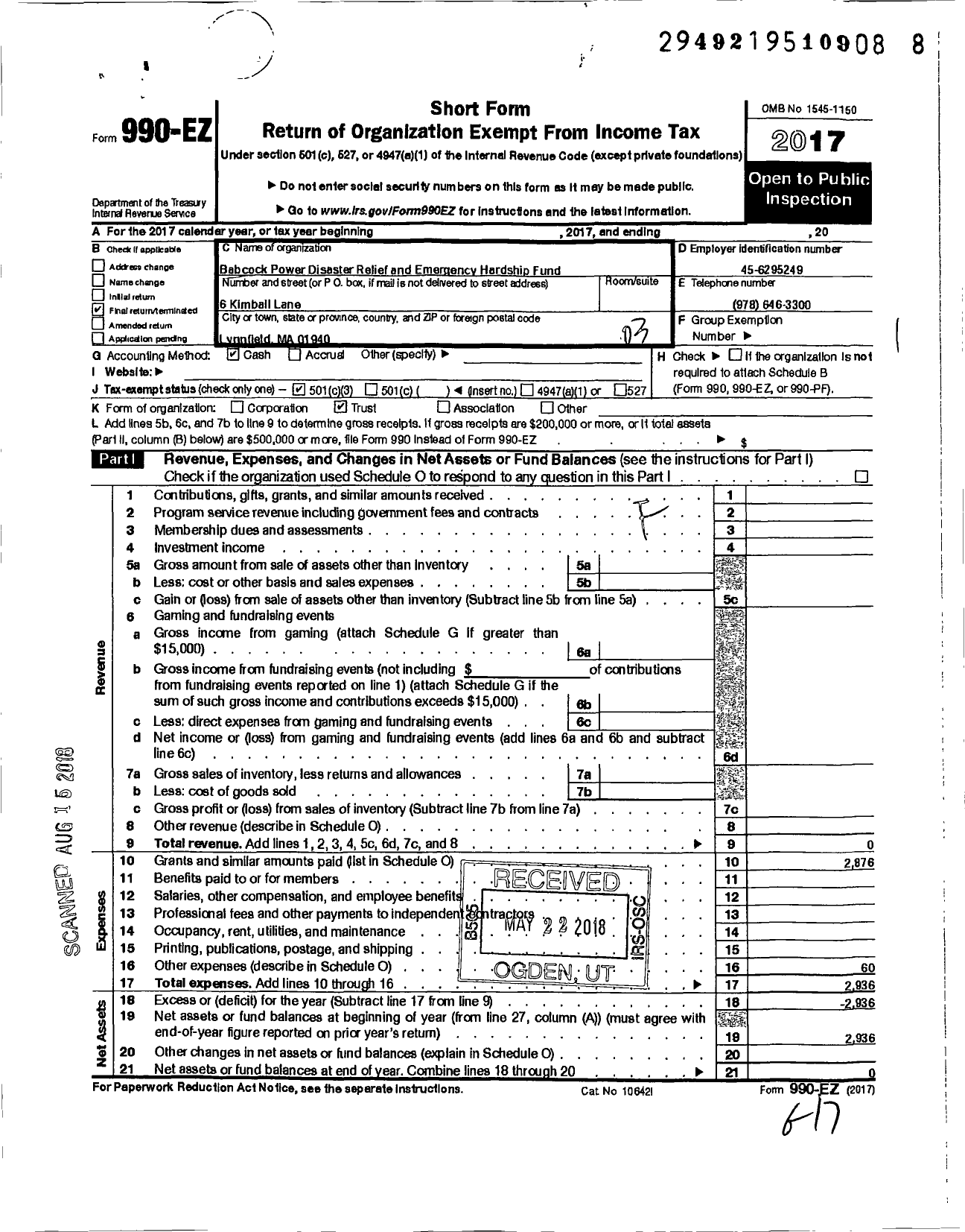 Image of first page of 2017 Form 990EZ for Babcock Power Disaster Relief and Emergency Hardship Fund