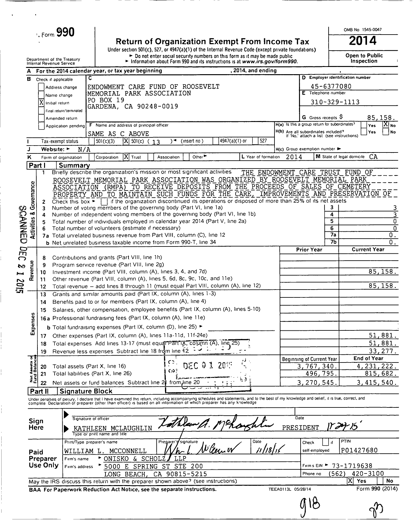 Image of first page of 2014 Form 990O for Endowment Care Fund of Roosevelt Memorial Park