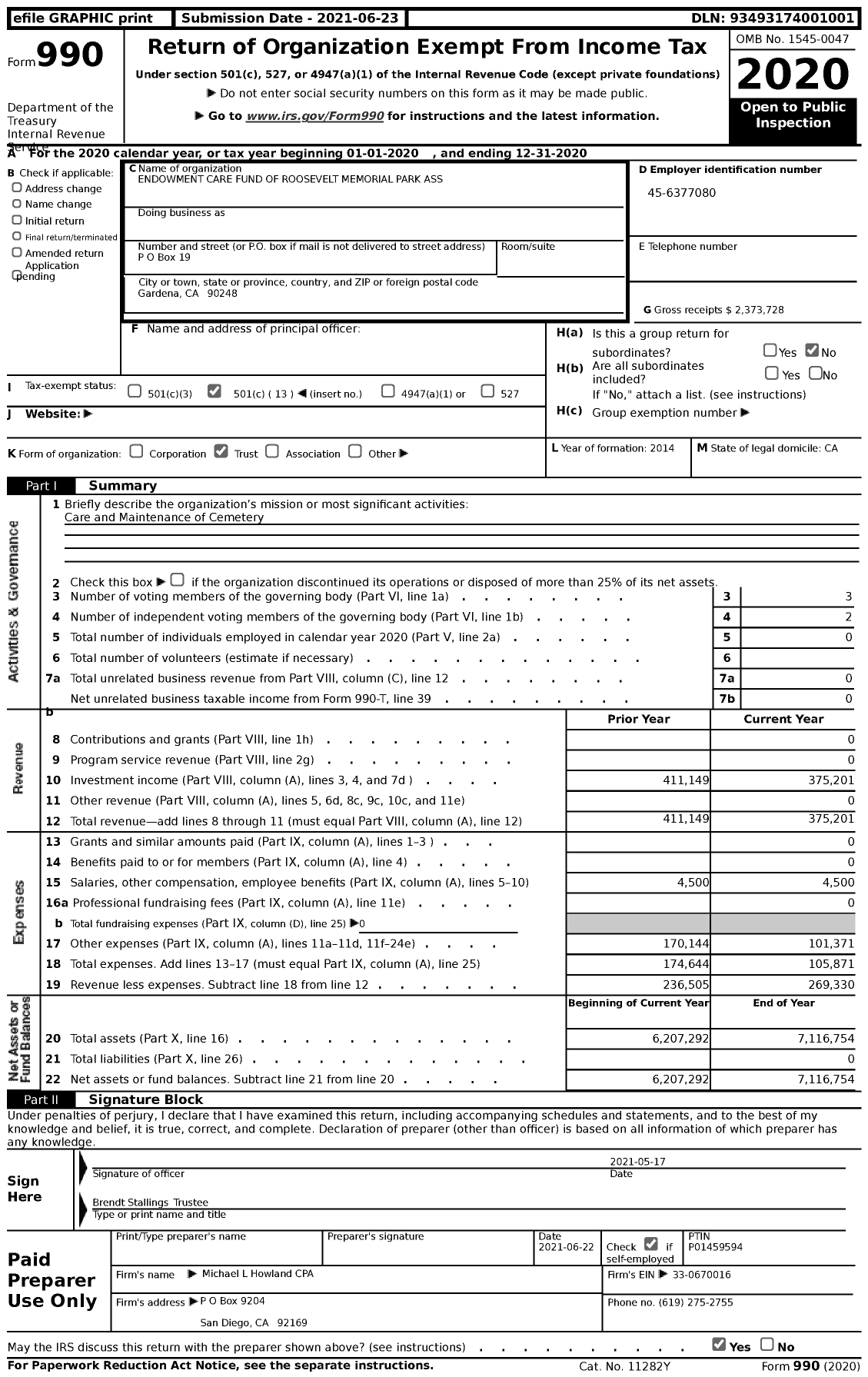 Image of first page of 2020 Form 990 for Endowment Care Fund of Roosevelt Memorial Park