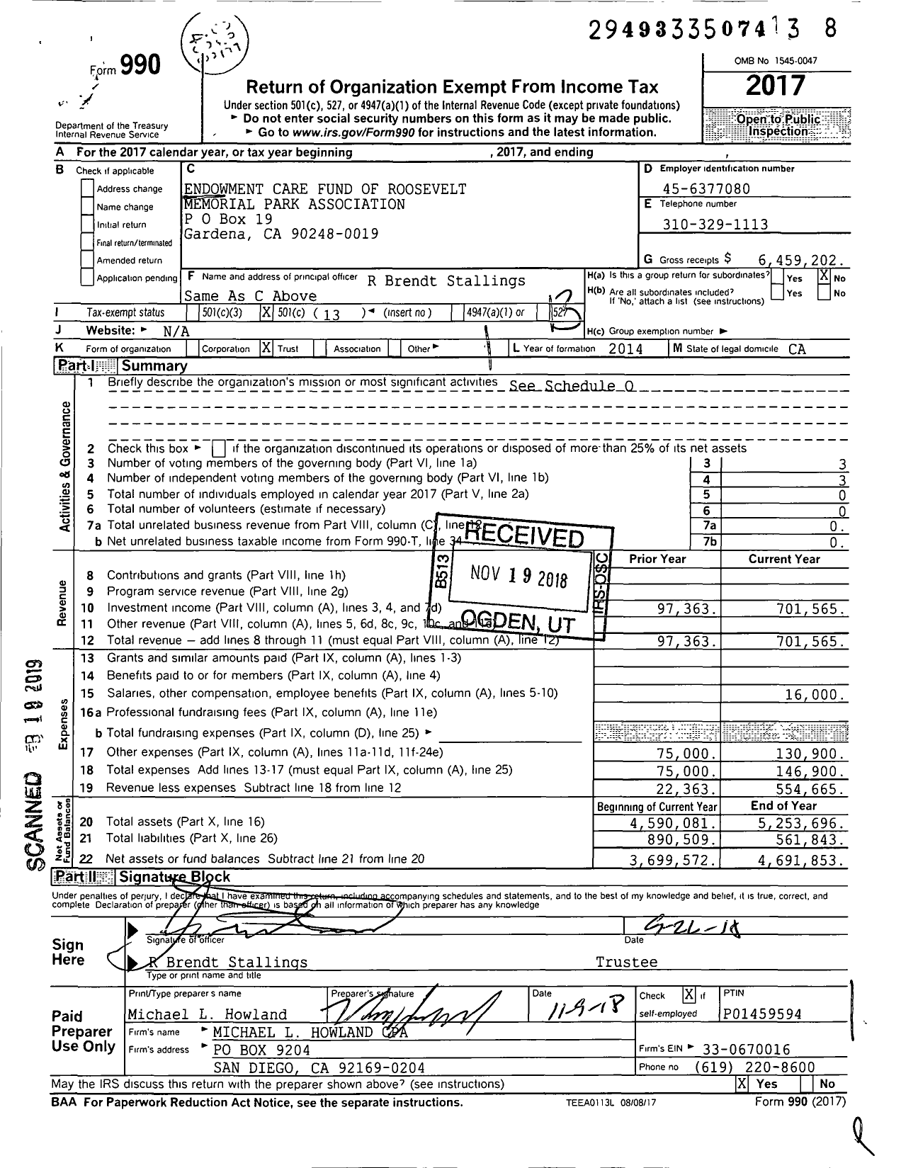 Image of first page of 2017 Form 990O for Endowment Care Fund of Roosevelt Memorial Park