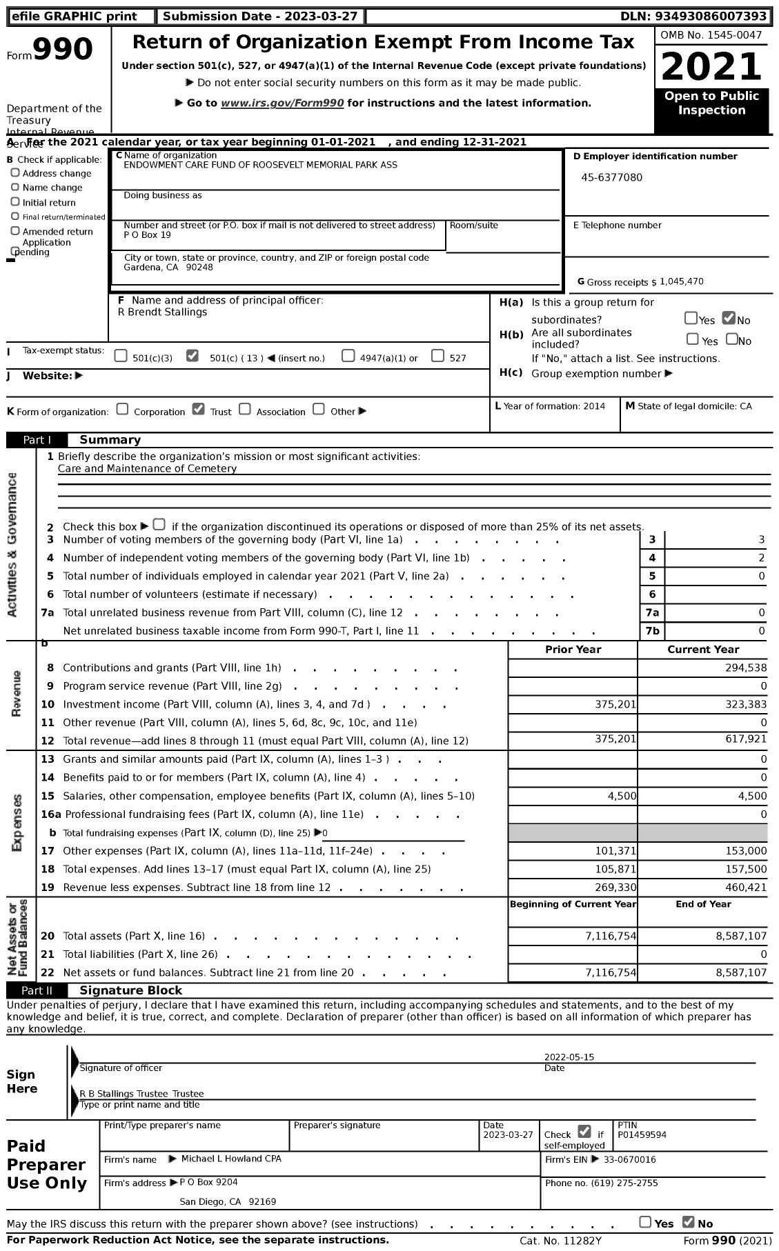 Image of first page of 2021 Form 990 for Endowment Care Fund of Roosevelt Memorial Park