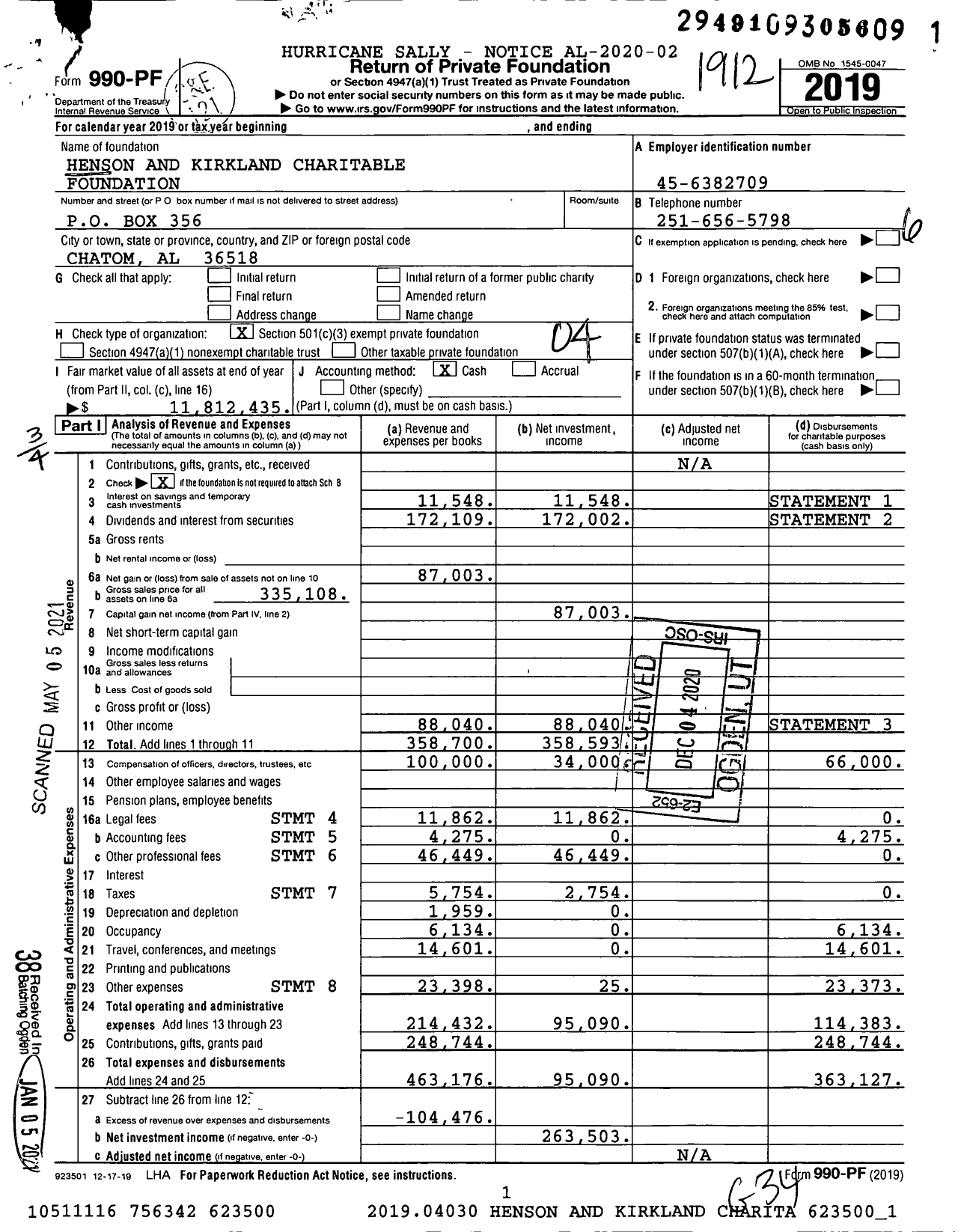 Image of first page of 2019 Form 990PF for Henson and Kirkland Charitable Foundation