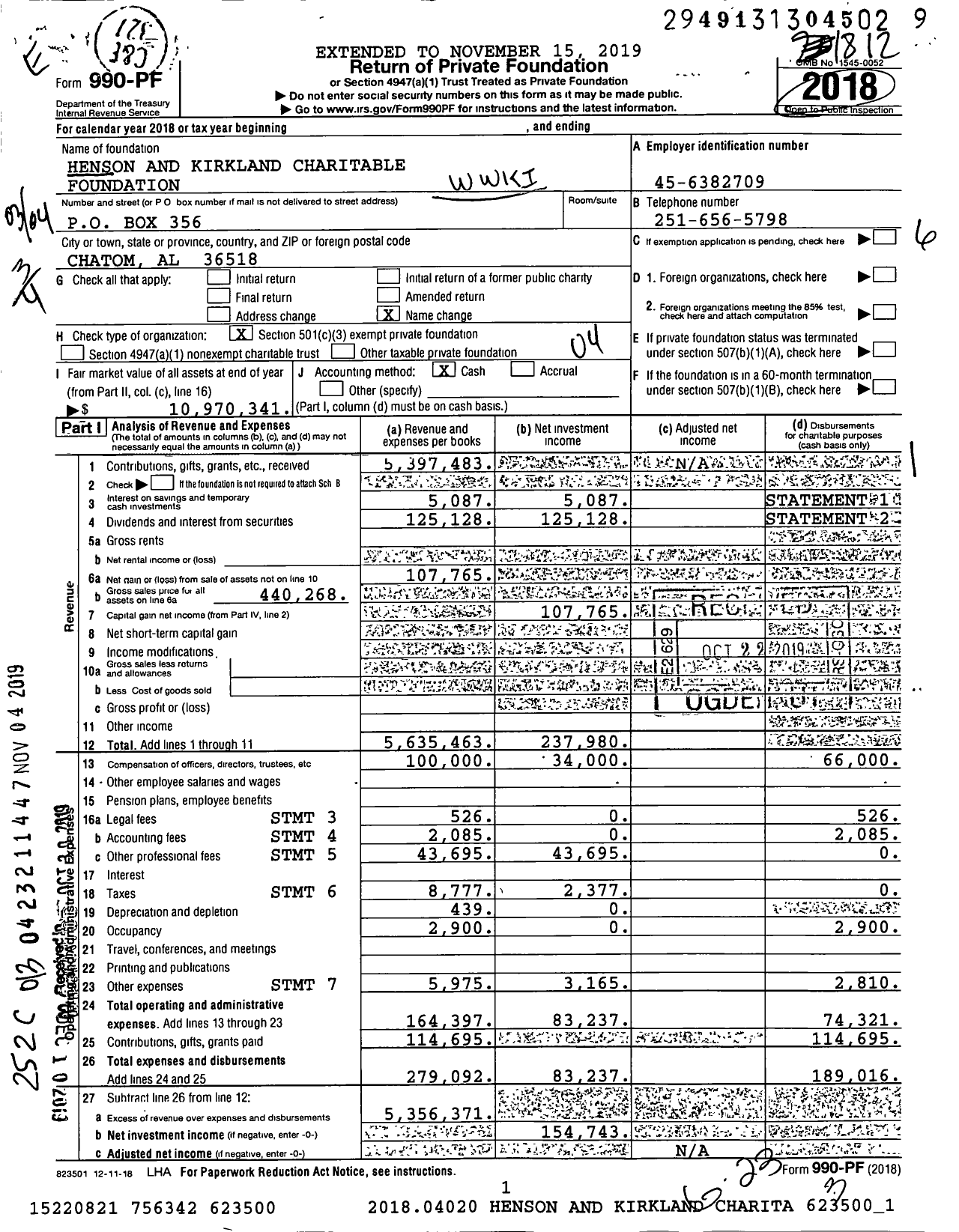 Image of first page of 2018 Form 990PF for Henson and Kirkland Charitable Foundation