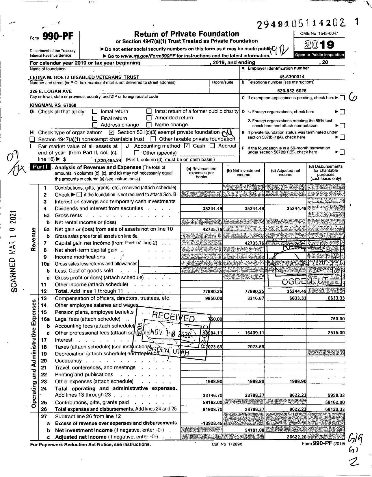 Image of first page of 2019 Form 990PF for Leona M Goetz Disabled Veterans' Trust