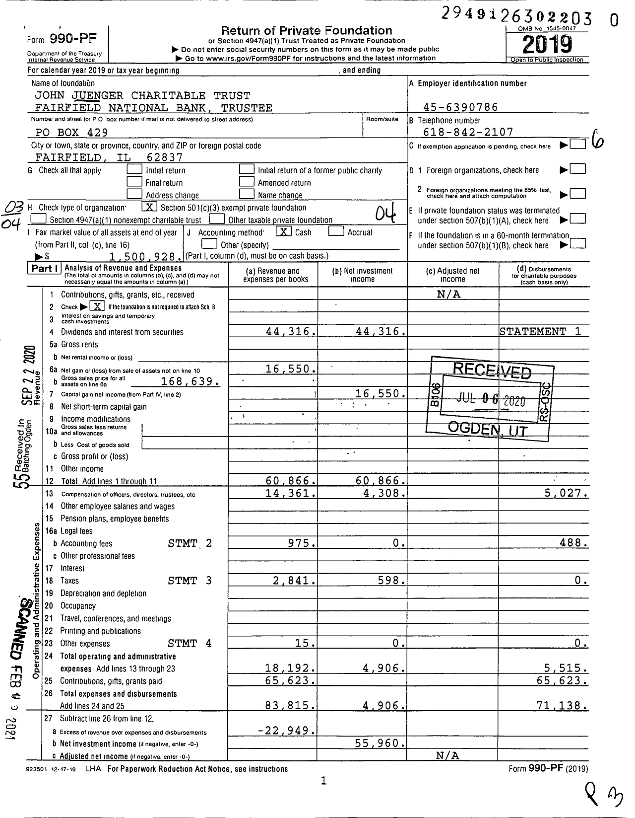 Image of first page of 2019 Form 990PF for John Juenger Charitable Trust Fairfield National Bank Trustee