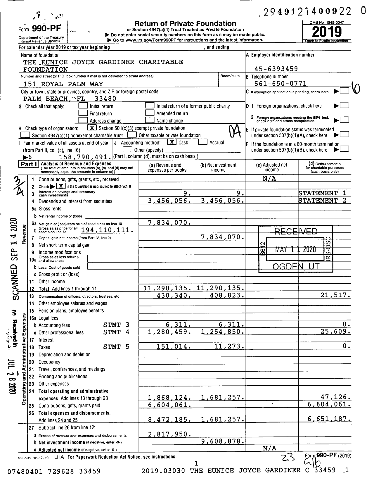 Image of first page of 2019 Form 990PR for Eunice Joyce Gardiner Charitable Foundation