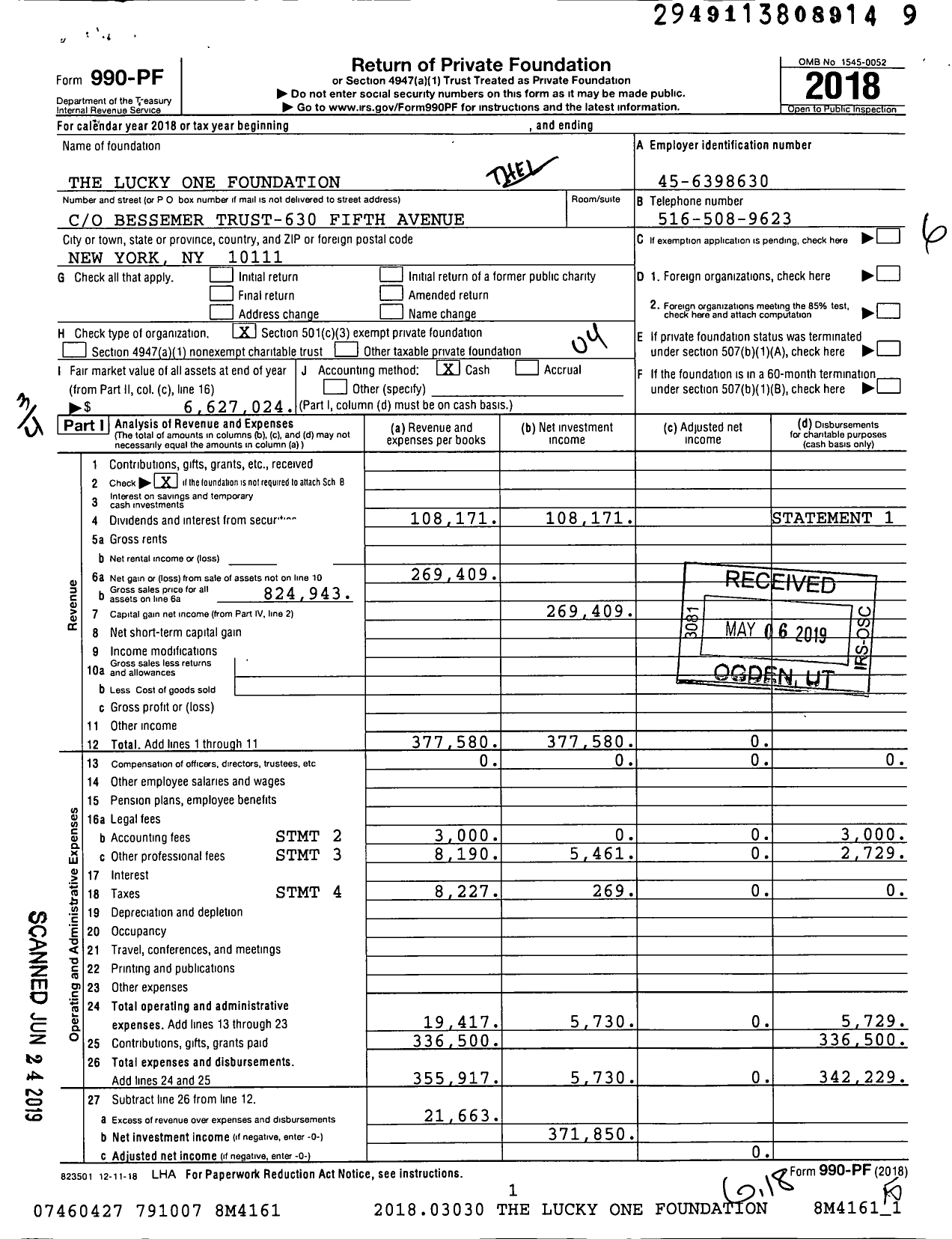 Image of first page of 2018 Form 990PF for The Lucky One Foundation