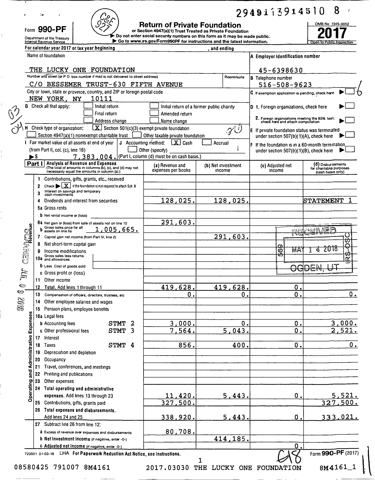 Image of first page of 2017 Form 990PF for The Lucky One Foundation