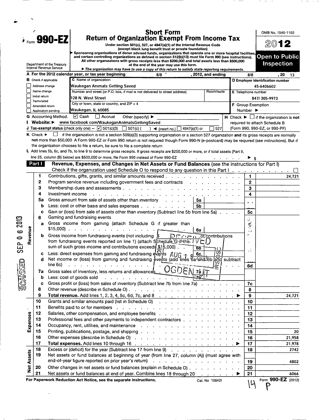 Image of first page of 2012 Form 990EZ for Waukegan Animals Getting Saved