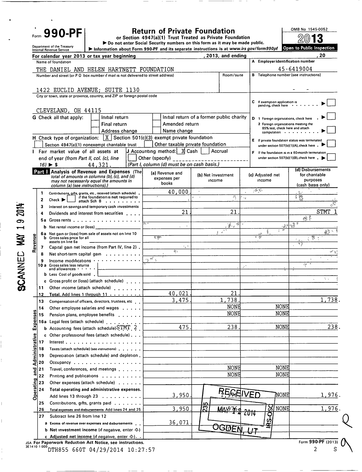 Image of first page of 2013 Form 990PF for Dan and Helen Hartnett Foundation 53111305