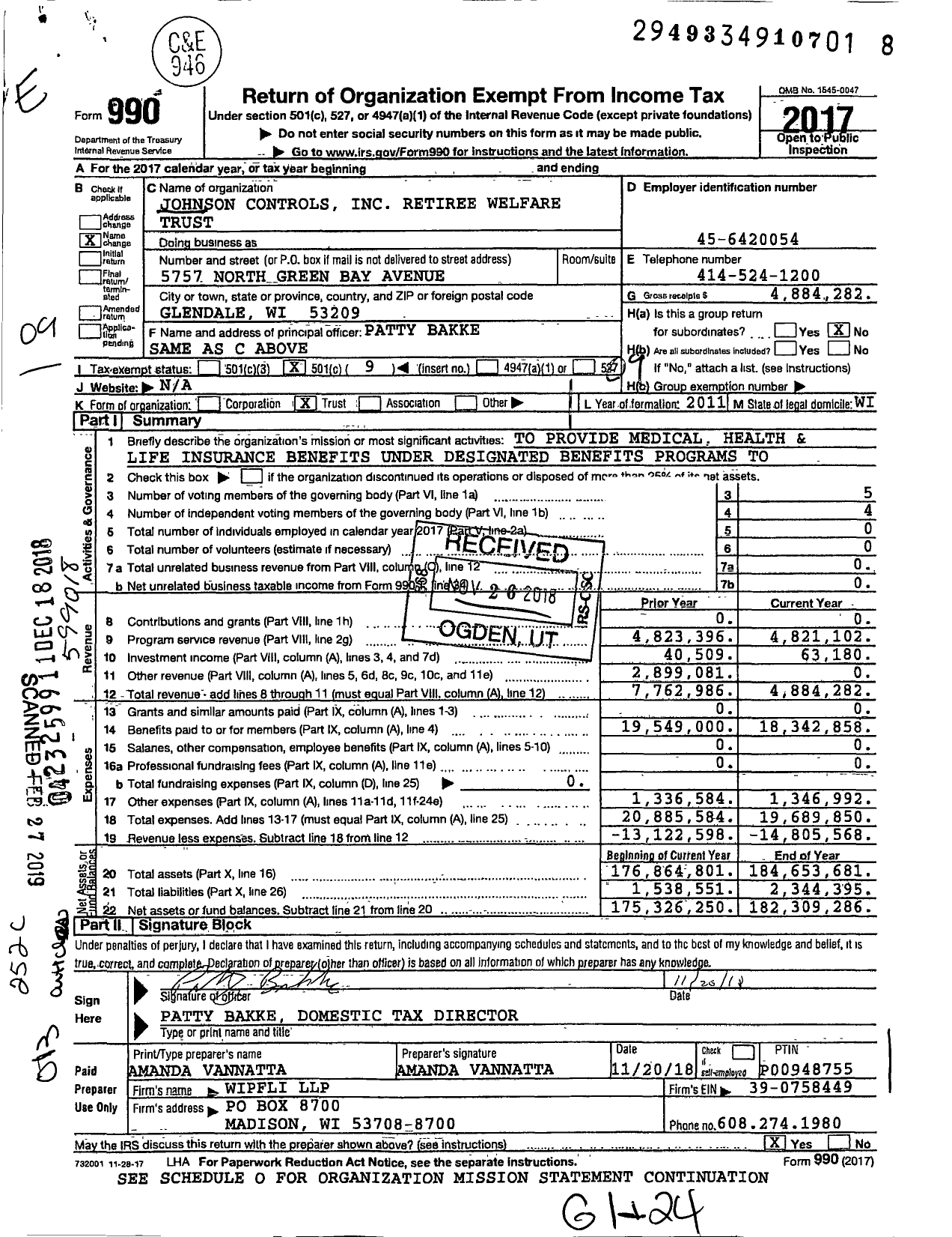 Image of first page of 2017 Form 990O for Johnson Controls Retiree Welfare Trust