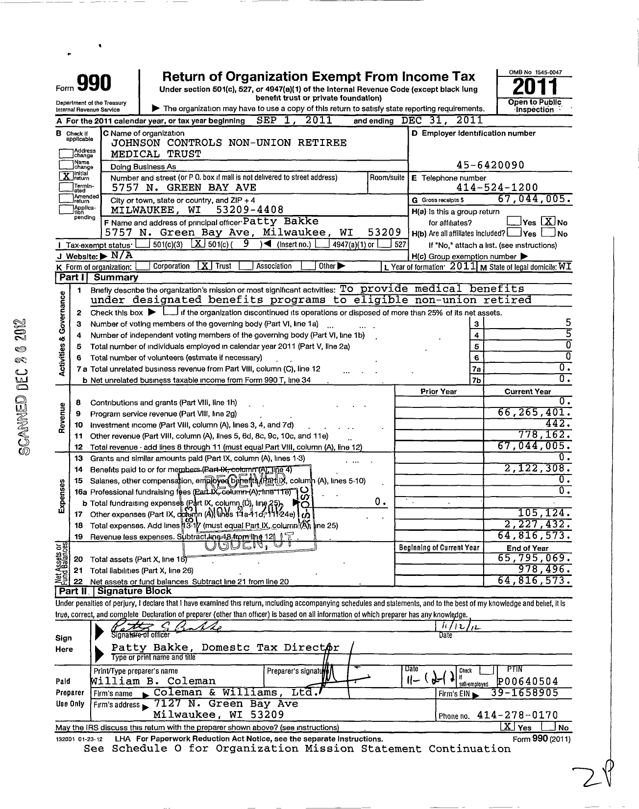 Image of first page of 2011 Form 990O for Johnson Controls Non-Union Retiree Medical Trust