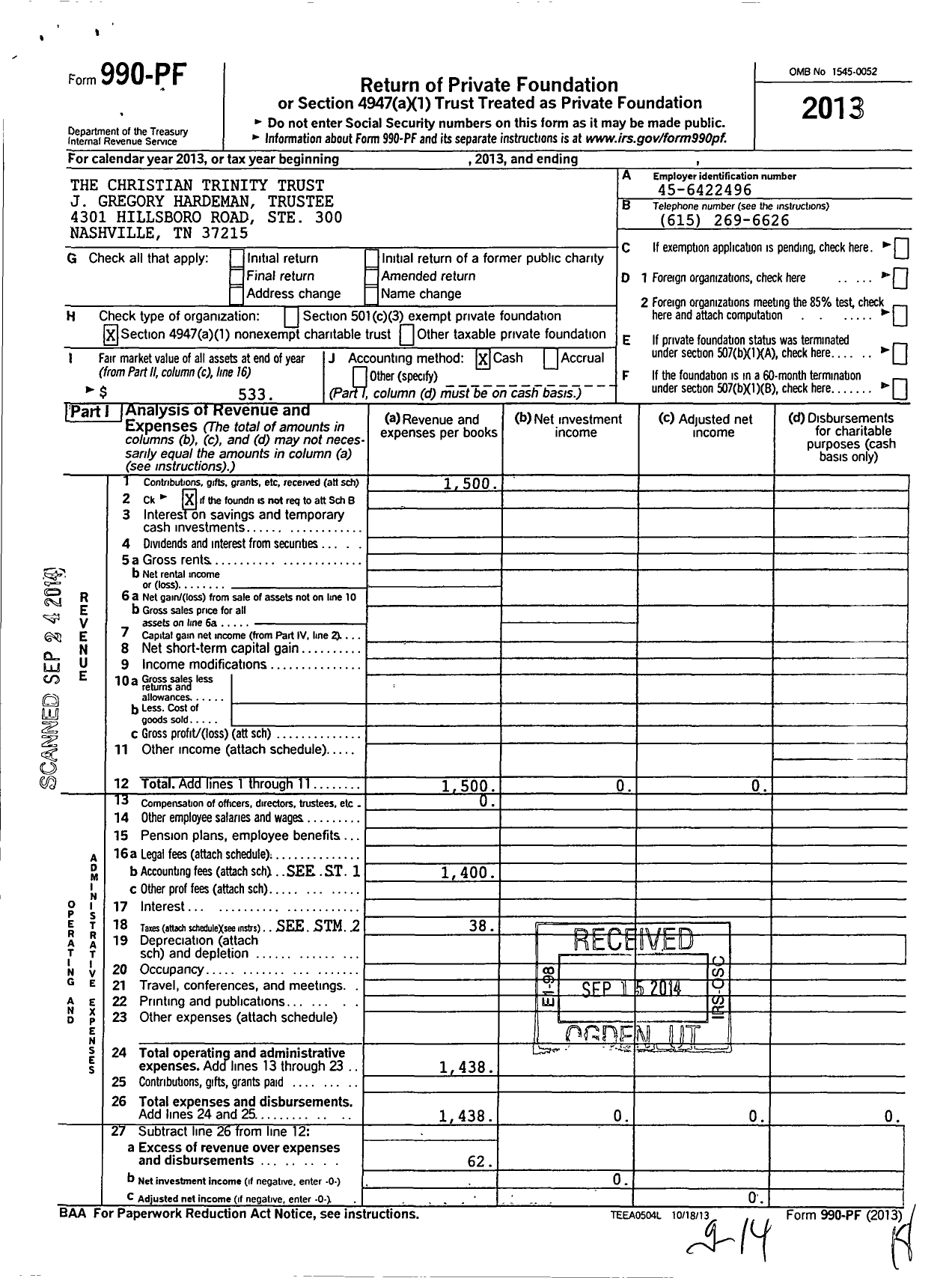 Image of first page of 2013 Form 990PF for The Christian Trinity Trust J Gregory Hardeman Trustee