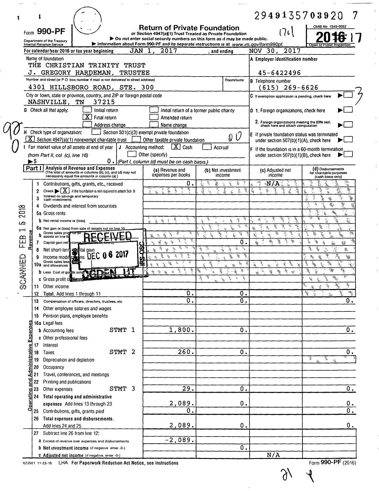 Image of first page of 2016 Form 990PF for The Christian Trinity Trust J Gregory Hardeman Trustee