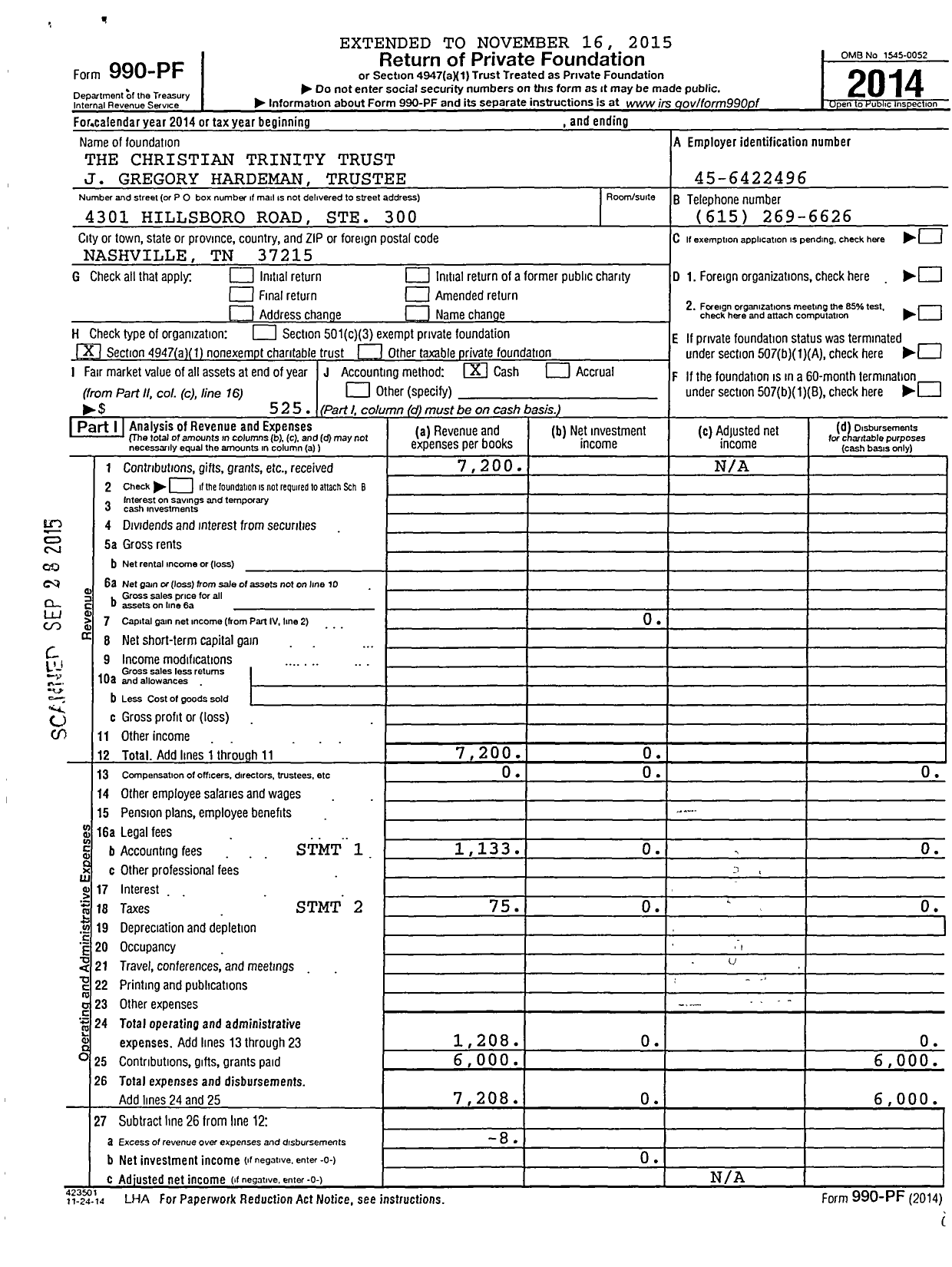 Image of first page of 2014 Form 990PF for The Christian Trinity Trust J Gregory Hardeman Trustee