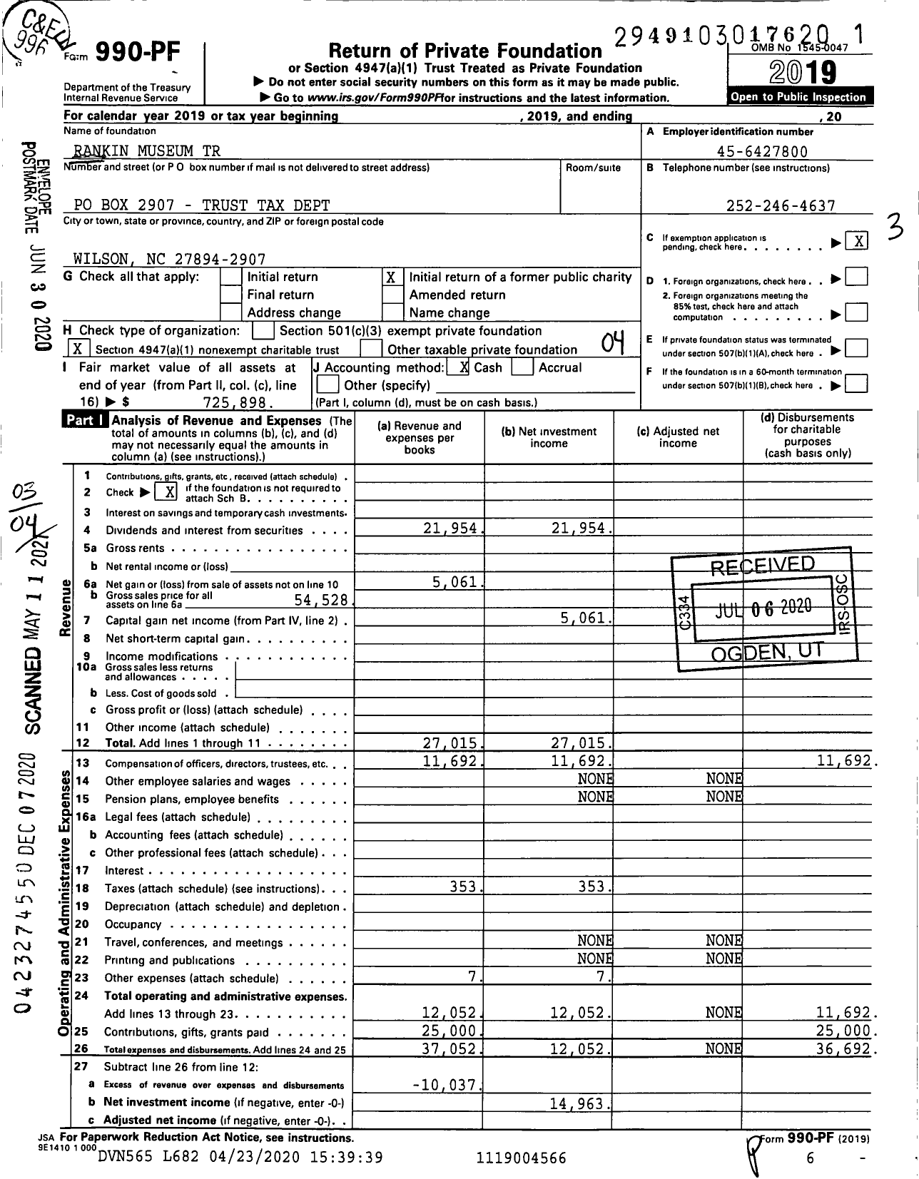 Image of first page of 2019 Form 990PF for Rankin Museum Trust