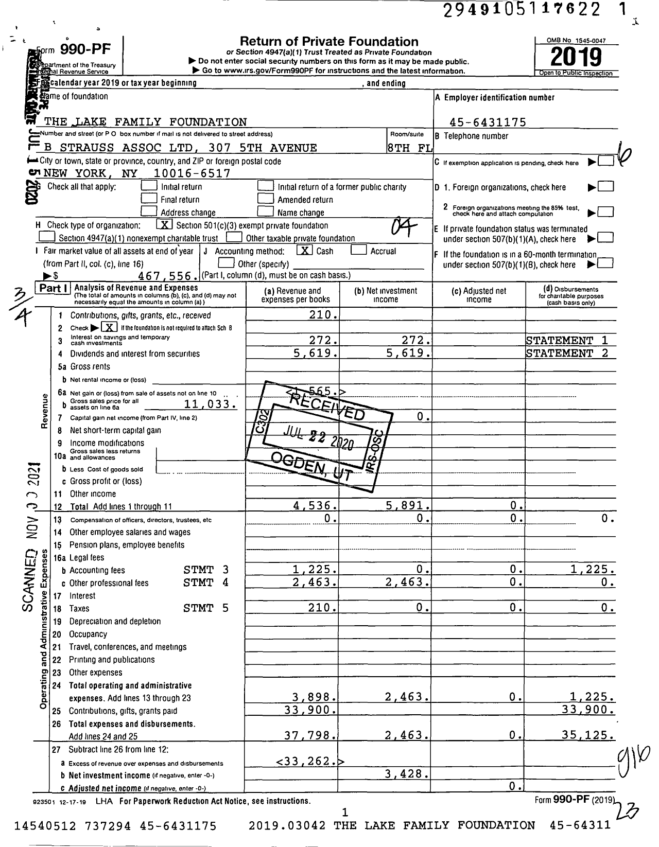 Image of first page of 2019 Form 990PF for The Lake Family Foundation