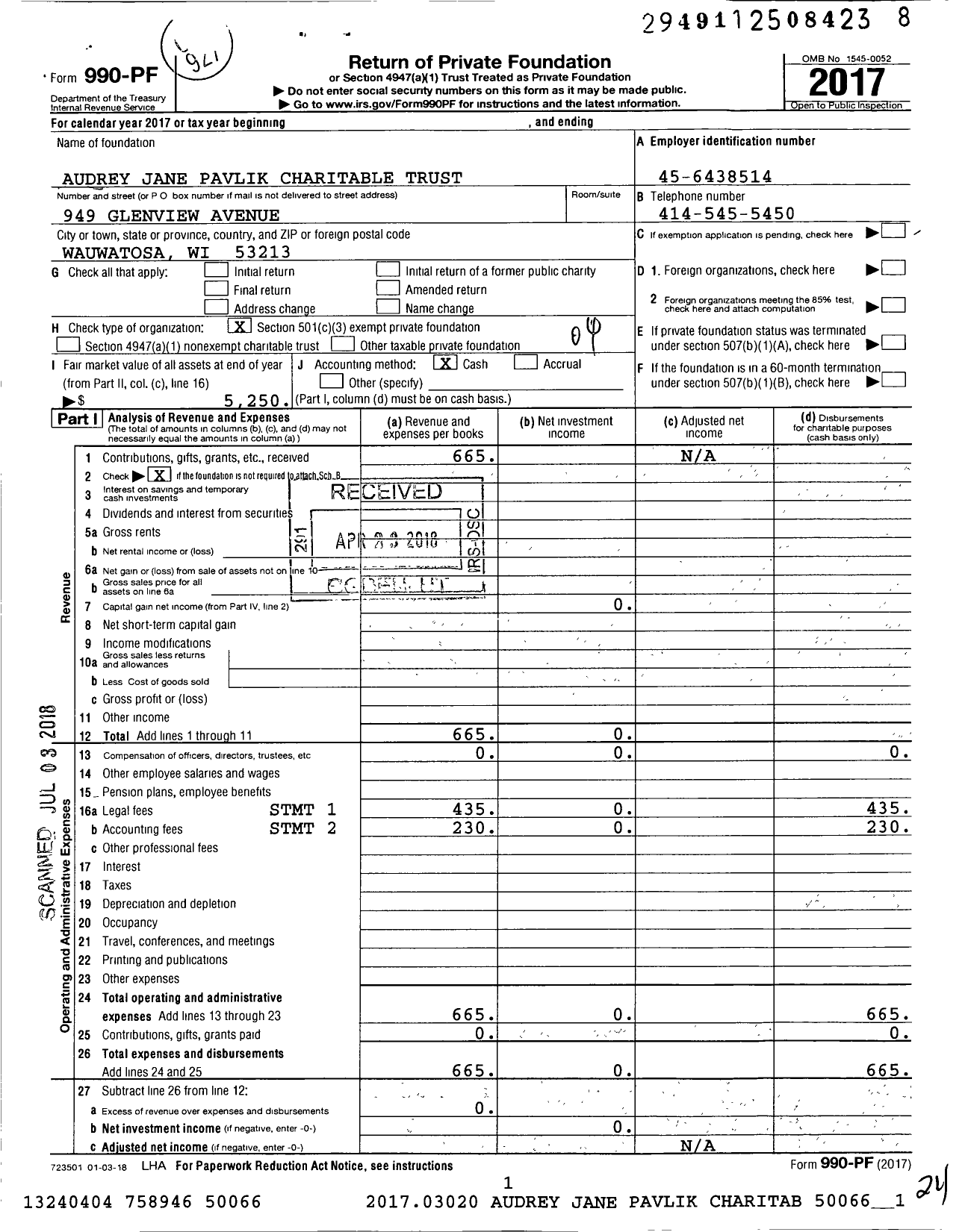 Image of first page of 2017 Form 990PF for Audrey Jane Pavlik Charitable Trust