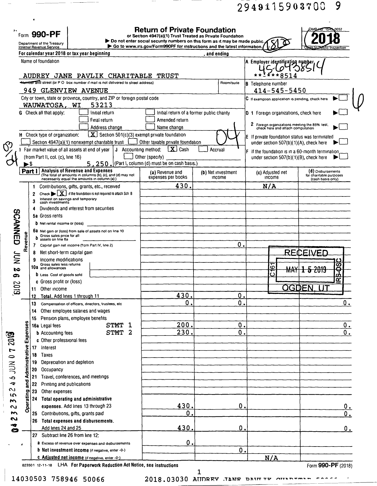 Image of first page of 2018 Form 990PF for Audrey Jane Pavlik Charitable Trust