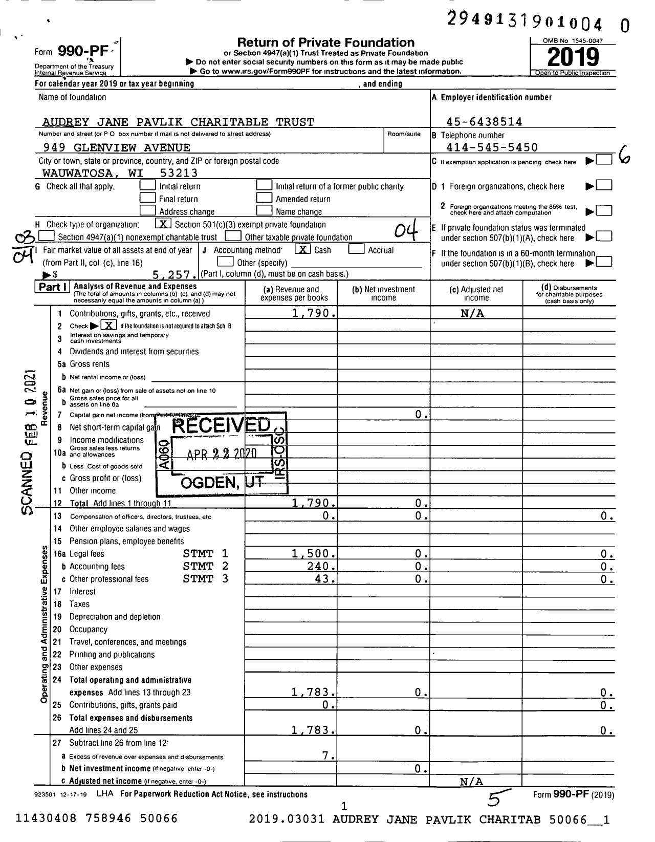 Image of first page of 2019 Form 990PF for Audrey Jane Pavlik Charitable Trust